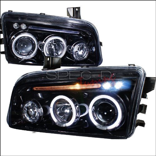 Spec-D Tuning Glossy Black Halo LED Projector Headlights for Dodge Charger RT SRT SXT - High Performance Lighting Upgrade for Night Driving & Custom Car Styling