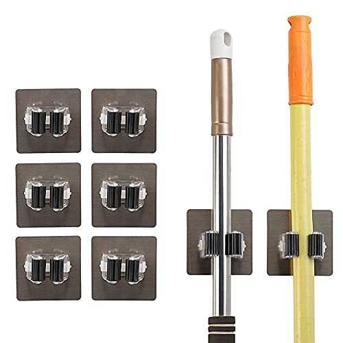 Self-Adhesive Wall Mounted Broom & Mop Holder - No Drill Seamless Storage Rack for Bathroom, Kitchen, Garage - 6 Pack Multicolor Hanging Clips (Perfect for Small Spaces & Organization)