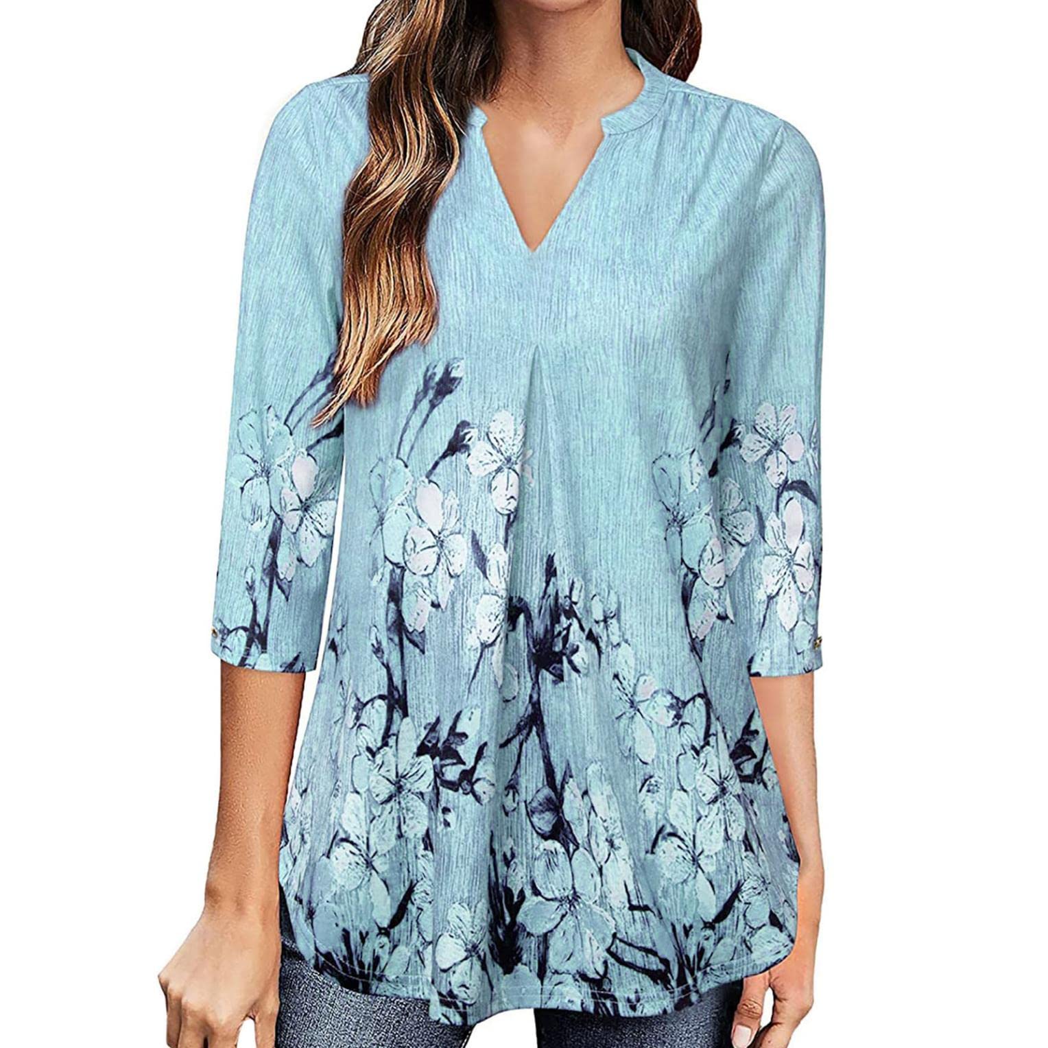 Women's Floral Print V-Neck 3/4 Sleeve Blouse - Business Casual Tunic Top for Office & Work | Loose Fit Comfortable Shirt for Spring & Summer