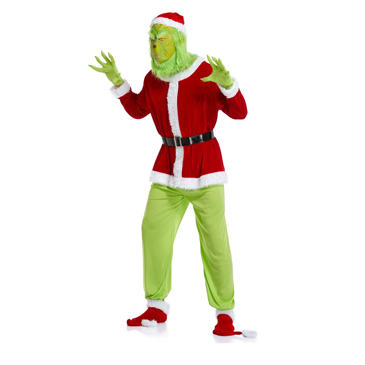 Green Big Monster Costume 7Pcs - Deluxe Furry Adult Santa Suit with Mask (Christmas Grinch Outfit) - Perfect for Holiday Parties, Cosplay & Theatrical Performances
