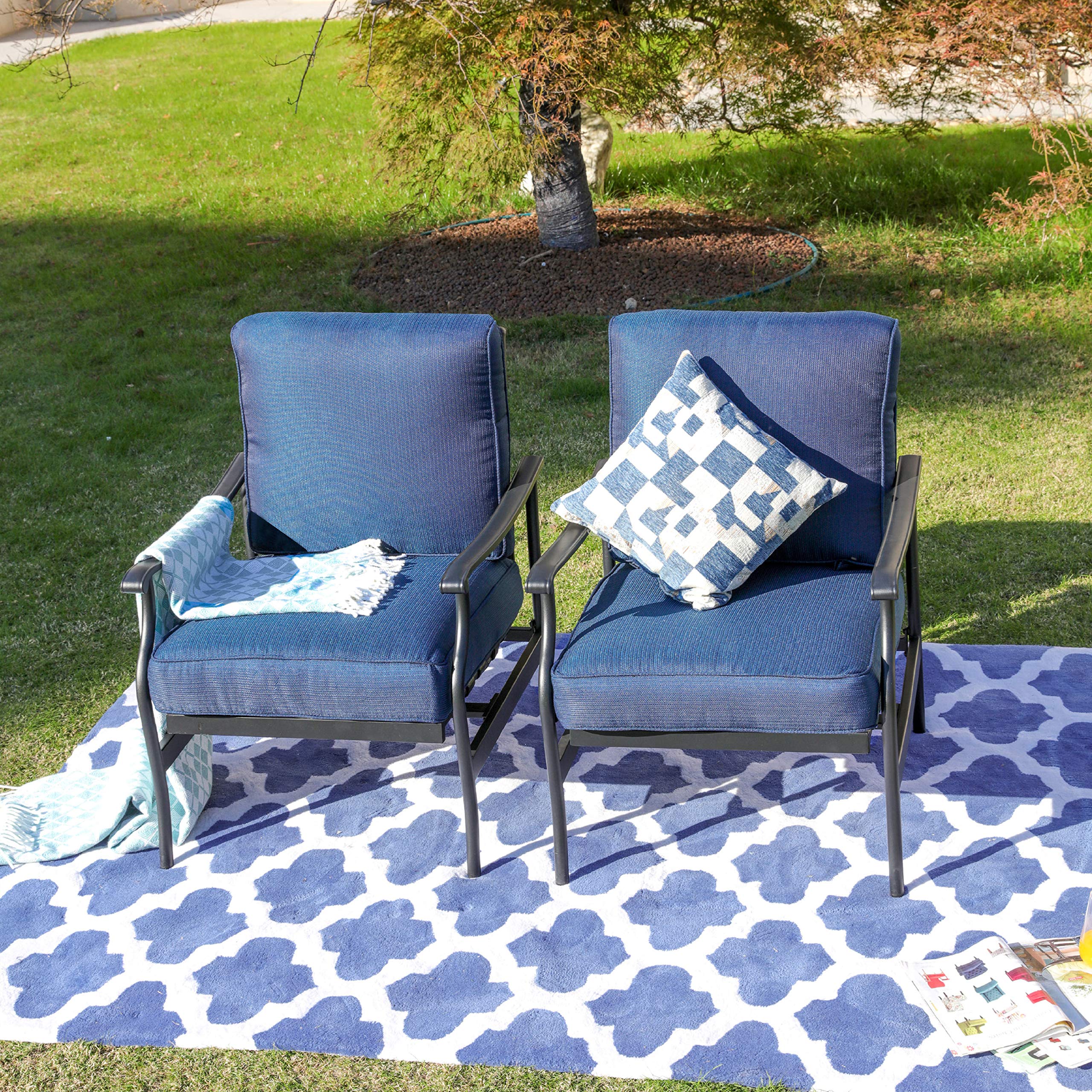 LOKATSE HOME 2-Piece Outdoor Patio Bistro Set - Wrought Iron Dining Chairs with Blue Cushions for Garden, Balcony & Backyard Relaxation