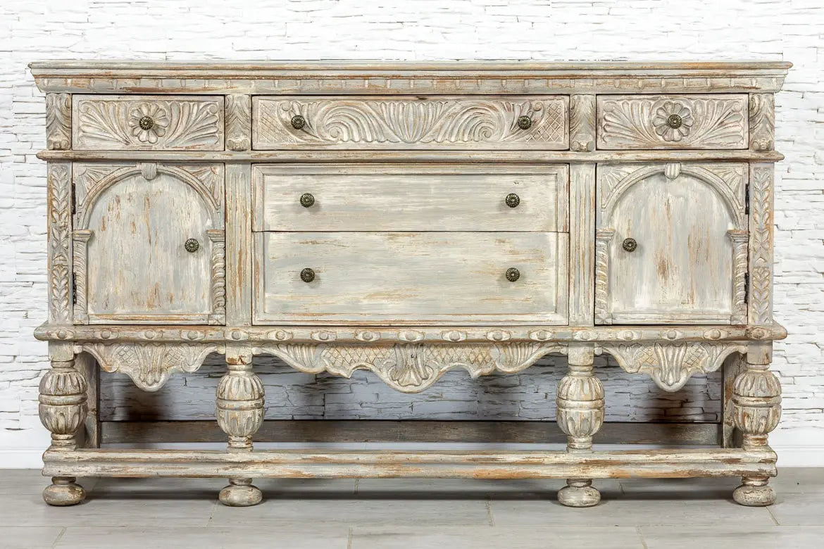 French Arched Hand Carved Solid Wood Console Table - Indian Teakwood Hallway Entryway Furniture - Grey Finish for Living Room, Foyer & Home Decor