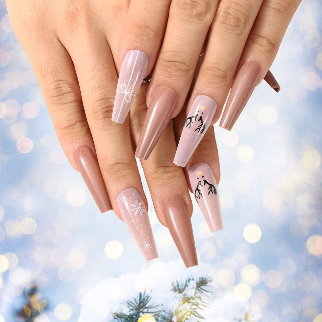 Extra Long Press on Nails - Christmas Snowflake Red Elk Ballerina Glossy Acrylic Fake Nails for Women | 30PCS Full Cover False Nails Tips | Perfect for Holiday Parties, Gift Giving & Festive Nail Art