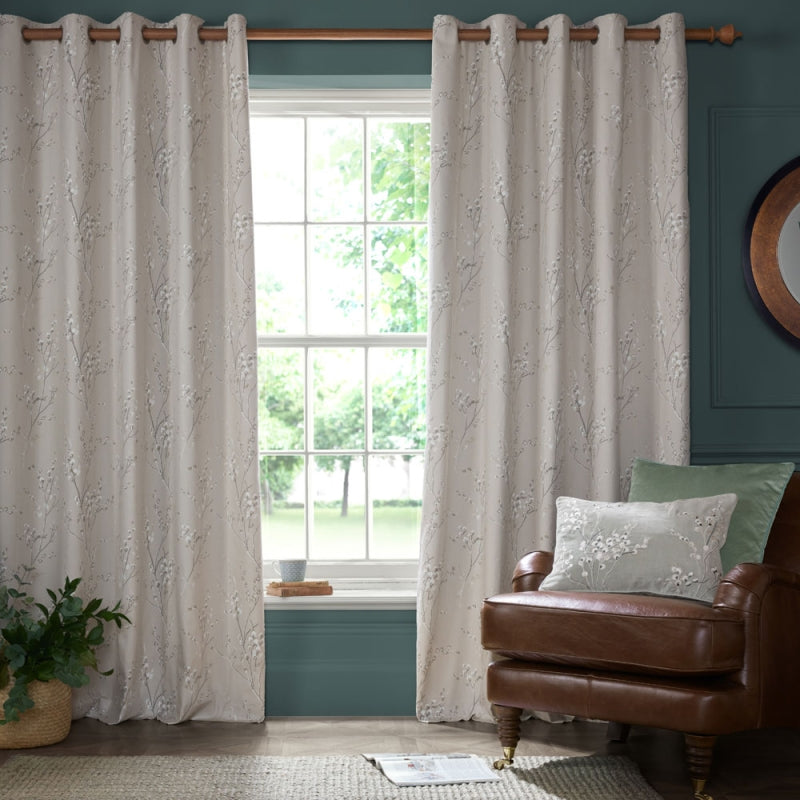 Laura Ashley Pussy Willow Eyelet Curtains in Truffle Natural - Elegant Window Treatments for Living Room, Bedroom & Dining Room Decor
