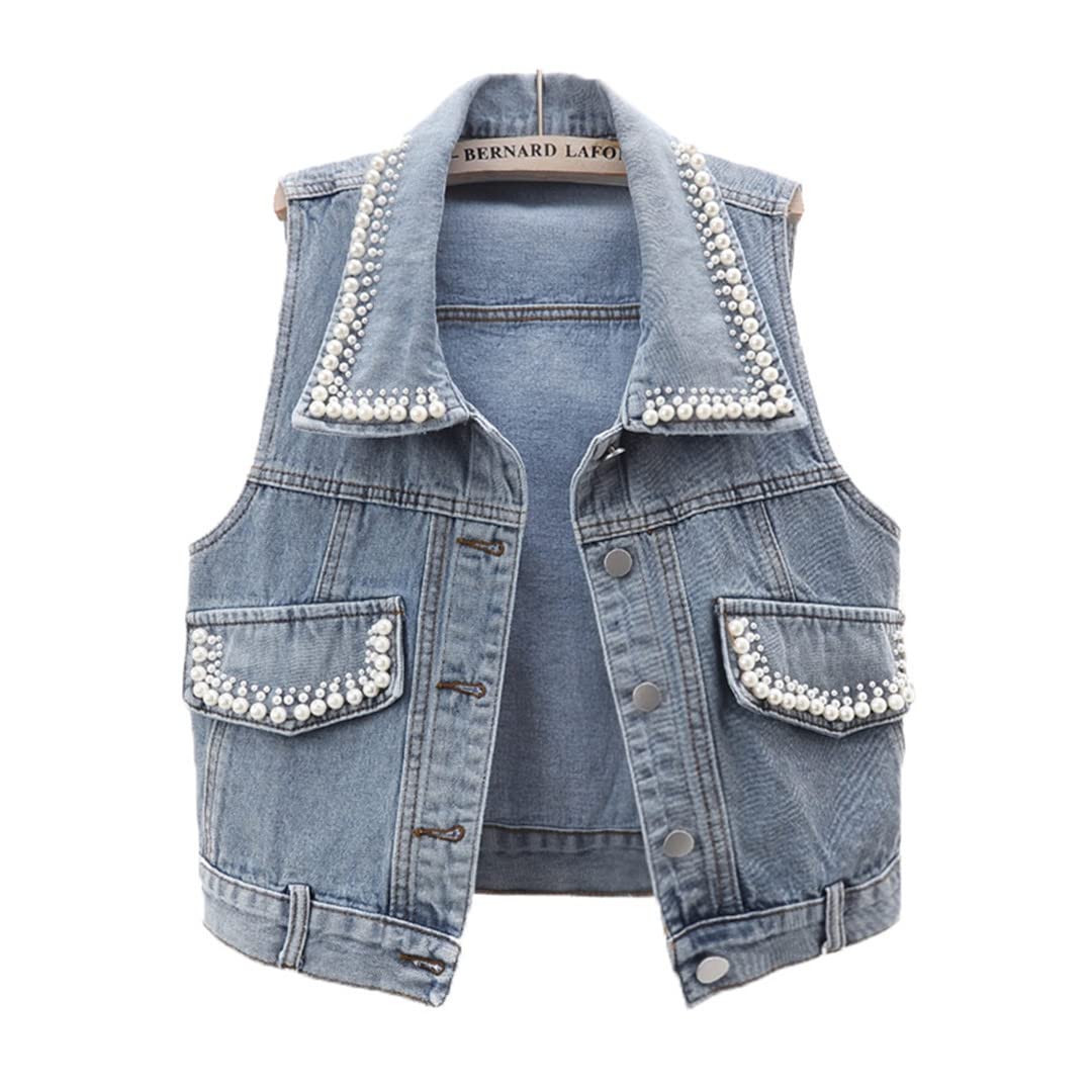 Vintage Blue Denim Women's Waistcoat - Short Beaded Cowboy Vest with Big Pockets, Sleeveless Jacket for Spring & Summer | Western Fashion, Music Festival Outfit, Casual Wear