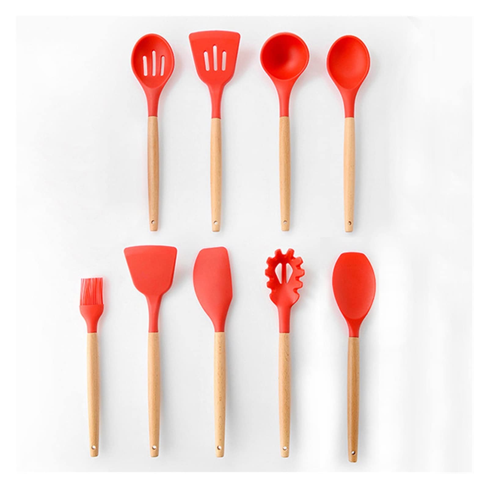 Premium 9-Piece Pink Silicone Cooking Utensil Set with Storage Box - Turner, Tongs, Spatula & Soup Spoon - Non-Stick Kitchen Tools for Baking, Cooking & Serving (Red)