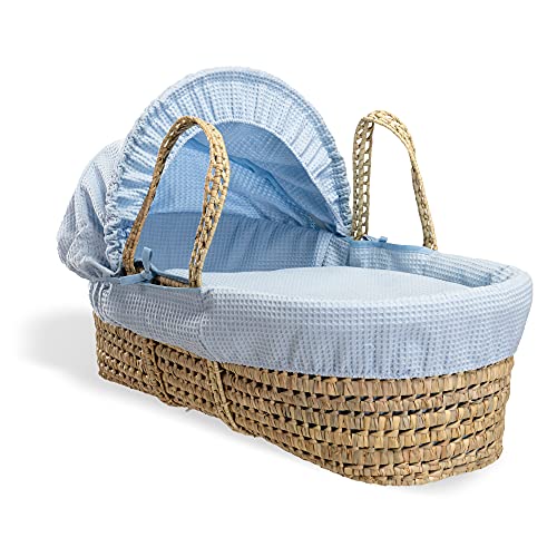 Clair de Lune Waffle Palm Moses Basket with Rocking Stand - Blue Baby Bassinet for Nursery, Bedroom & Travel | Newborn Sleeping Bed with Breathable Design