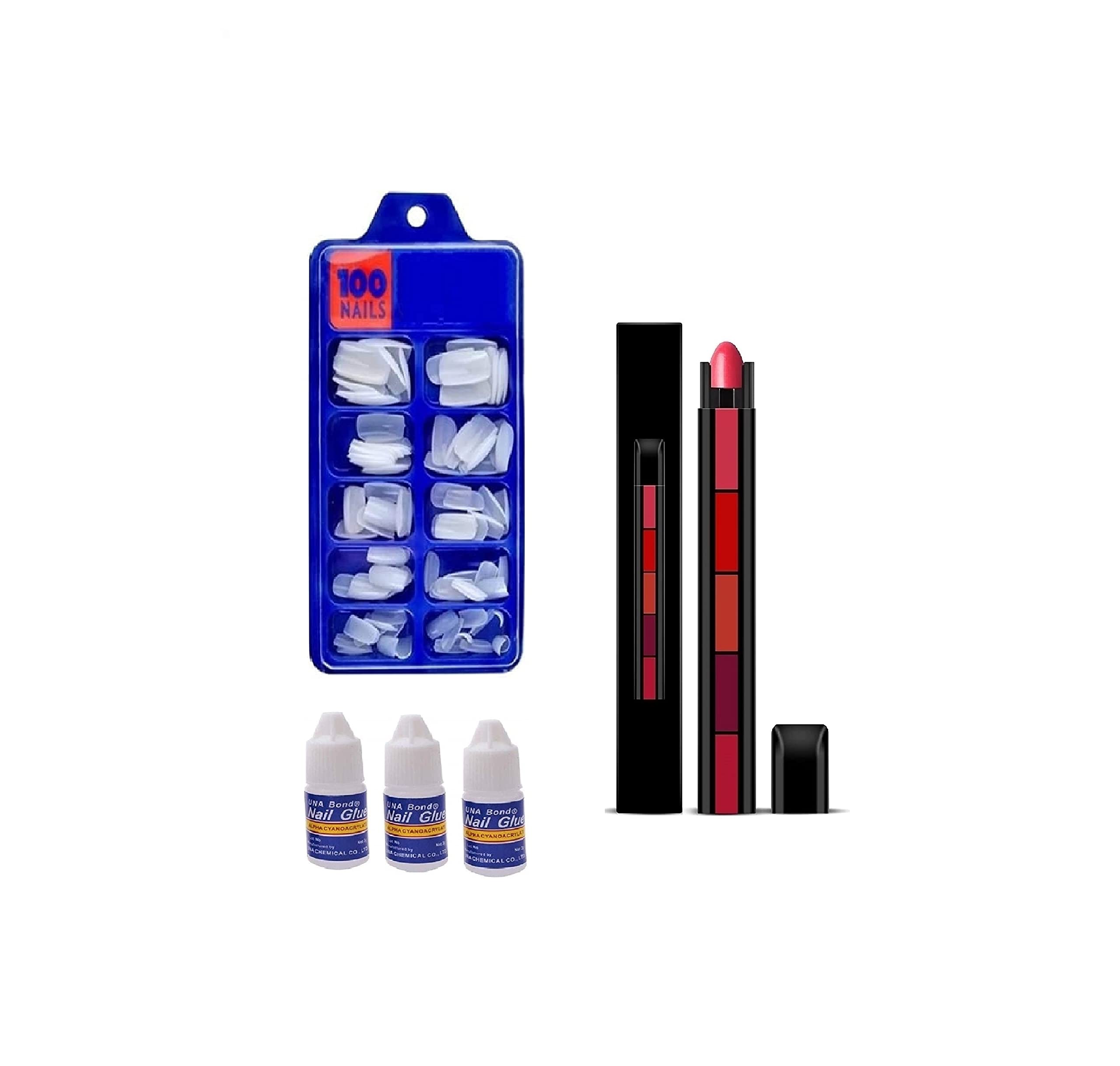 100PCS Fake Nails with 3 Nails Glue & 5 Matte Red Lipstick Set - Full Cover Acrylic False Nails Kit for Women, Perfect for Parties, Weddings, and Special Occasions