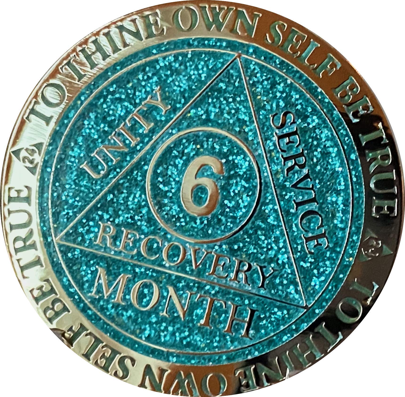 Recoverychip 6 Month AA Medallion - Aqua Glitter & Gold Plated Sobriety Chip for Alcoholics Anonymous - Perfect for 12 Step Meetings, Recovery Milestones and Addiction Support Gifts