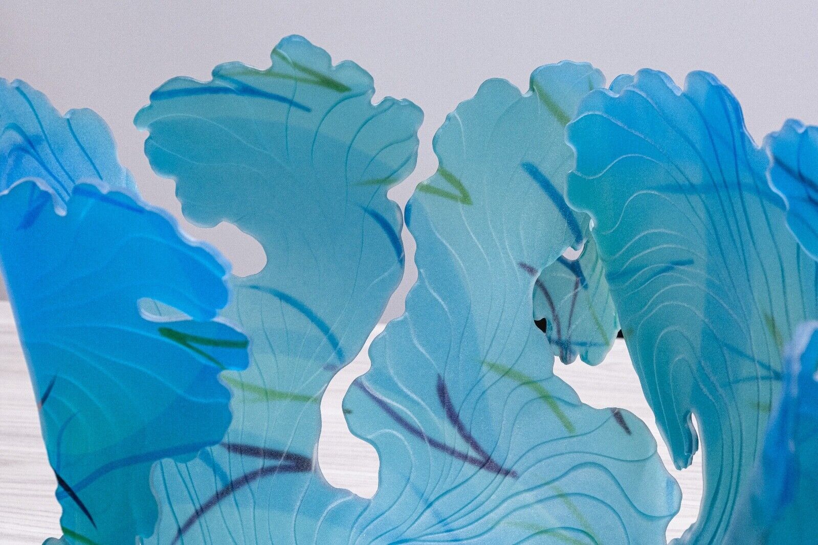 Janet Kelman Seafan Series Signed Contemporary Studio Glass Azure Blue Leaf Bowl - Handmade Art Glass Bowl for Home Decor, Gift, and Table Centerpiece