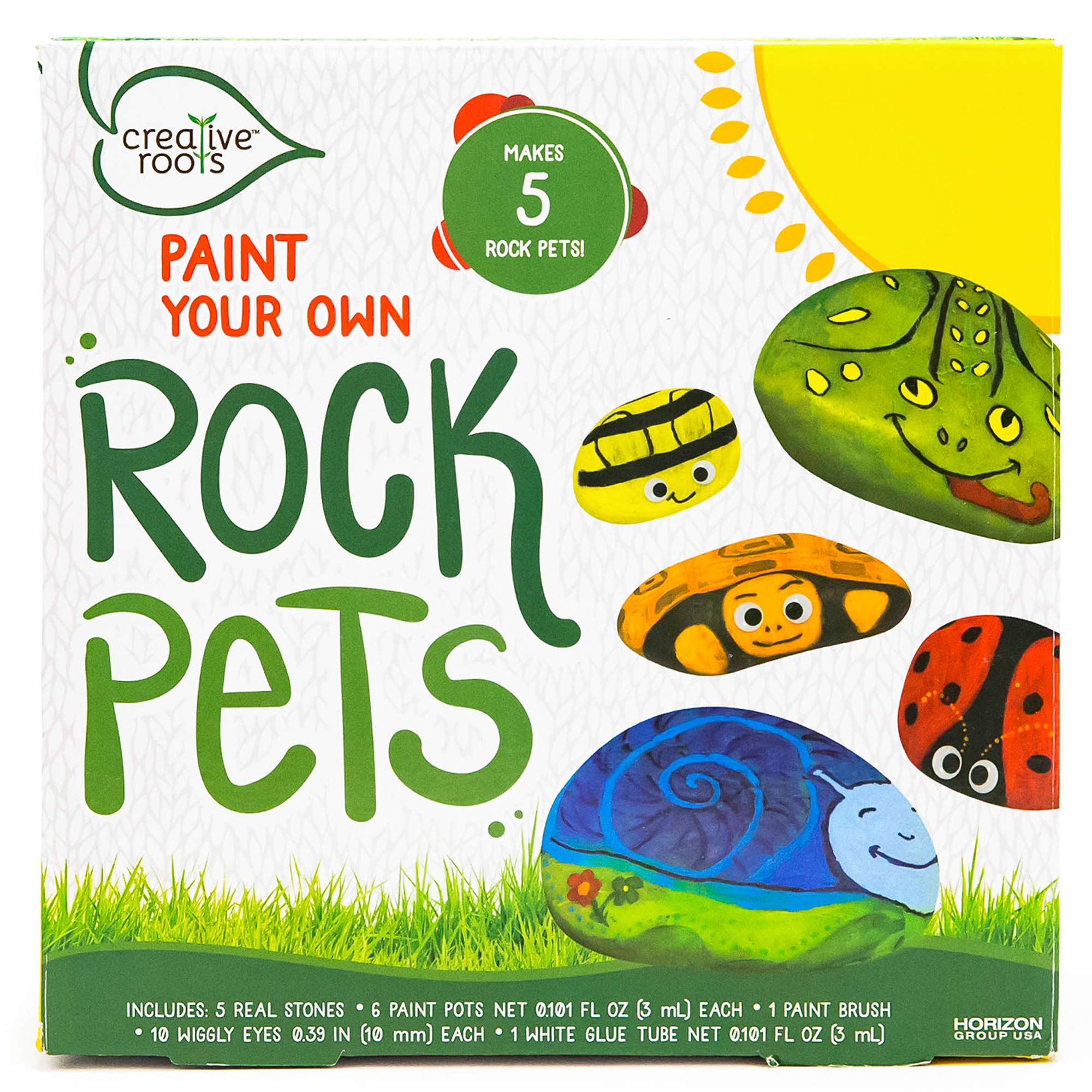 Creative Roots Paint Your Own Rock Pets Kit by Horizon Group USA - 6 Vibrant Colors, Paint Brush, Wiggly Eyes & Glue Included - Fun DIY Rock Painting Activity for Kids - Perfect for Birthday Parties, Classroom Projects & Creative Playtime