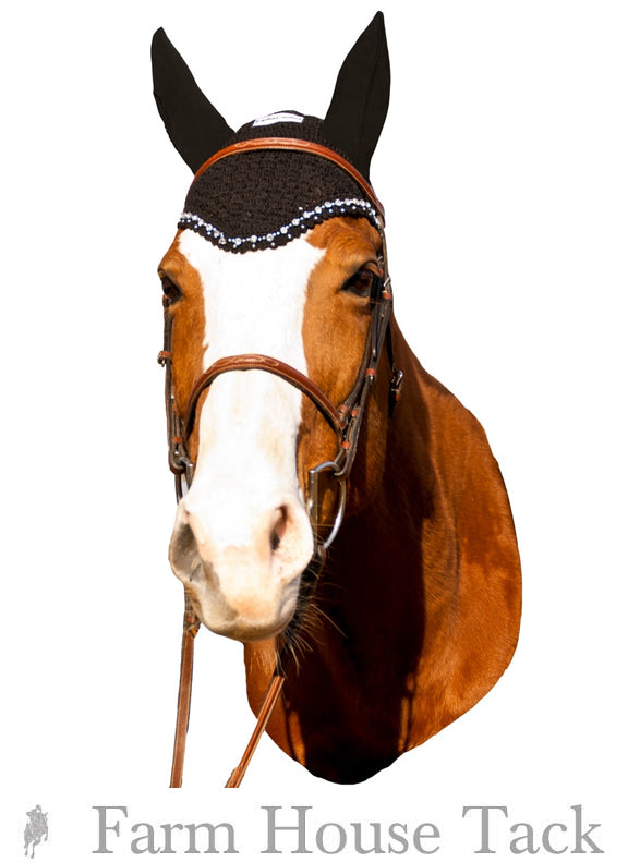 Elegant Crystal Embellished Fly Bonnet for Horses - UV Protection & Breathable Design - Perfect for Show Jumping, Dressage & Trail Riding