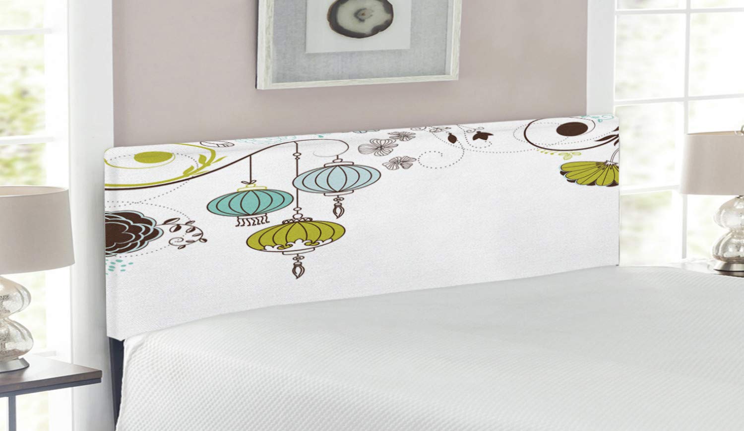 Ambesonne Oriental Headboard - Vibrant Abstract New Year Design, Upholstered Decorative Metal Bed Frame with Memory Foam, Queen Size in Apple Green & Sky Blue - Perfect for Asian-Themed Bedrooms & Holiday Decor
