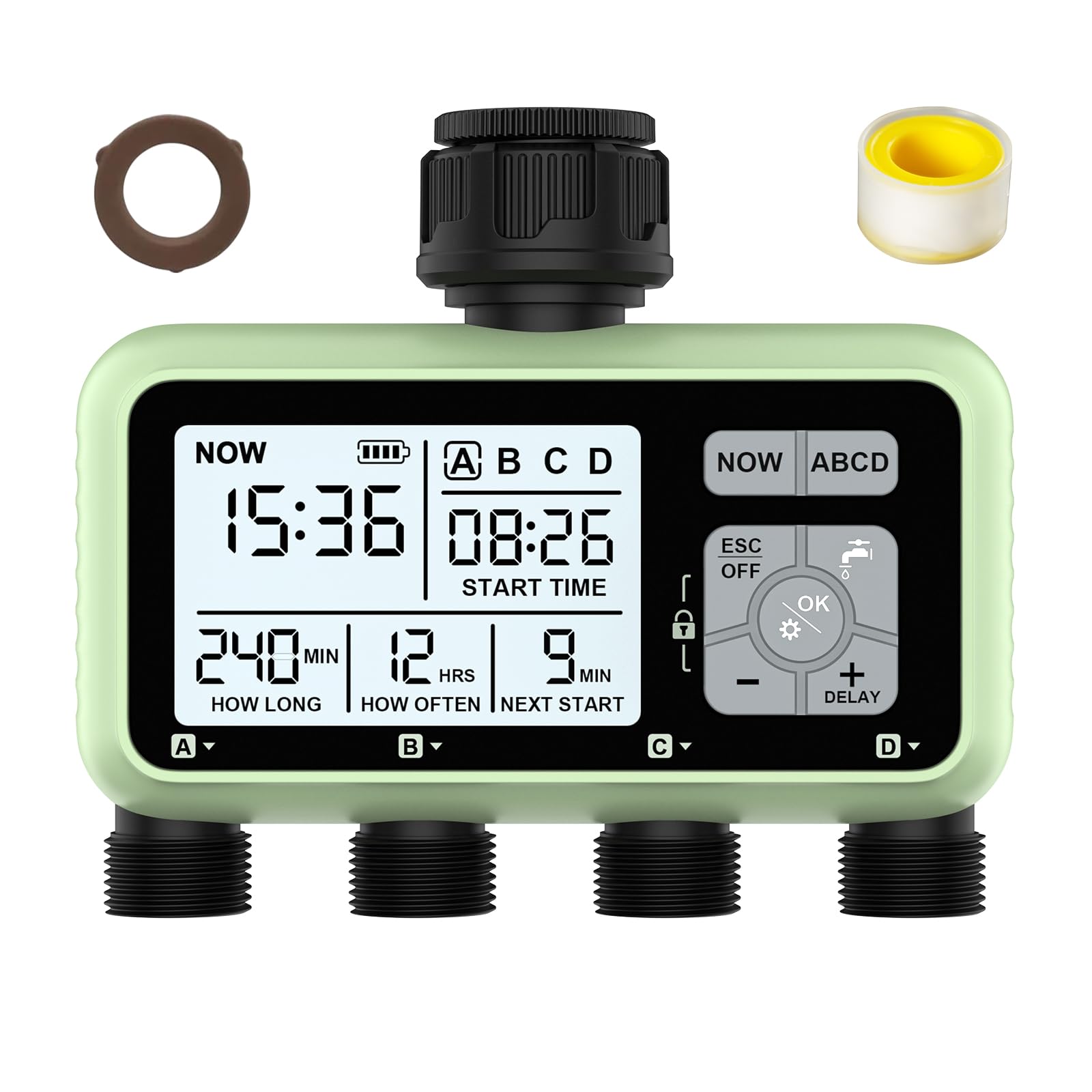 XinFuture 4 Outlet Sprinkler Timer - Programmable Garden Hose Water Timer with Rain Delay, Manual & Automatic Irrigation System, Waterproof Digital Controller for 4 Zones | Perfect for Lawn, Garden, Flower Beds & Outdoor Plant Watering