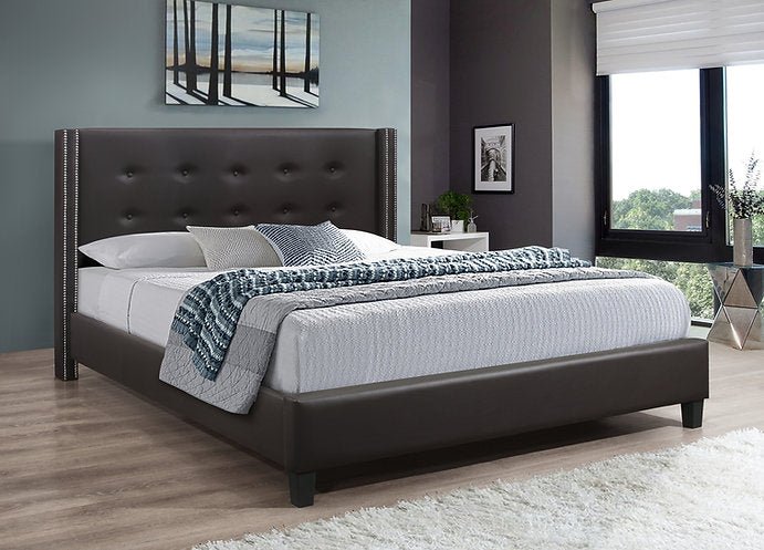 Stylish Brown Leatherette Bed Frame with Elegant Nailhead Trim - Perfect for Modern Bedroom Decor & Guest Room Setup