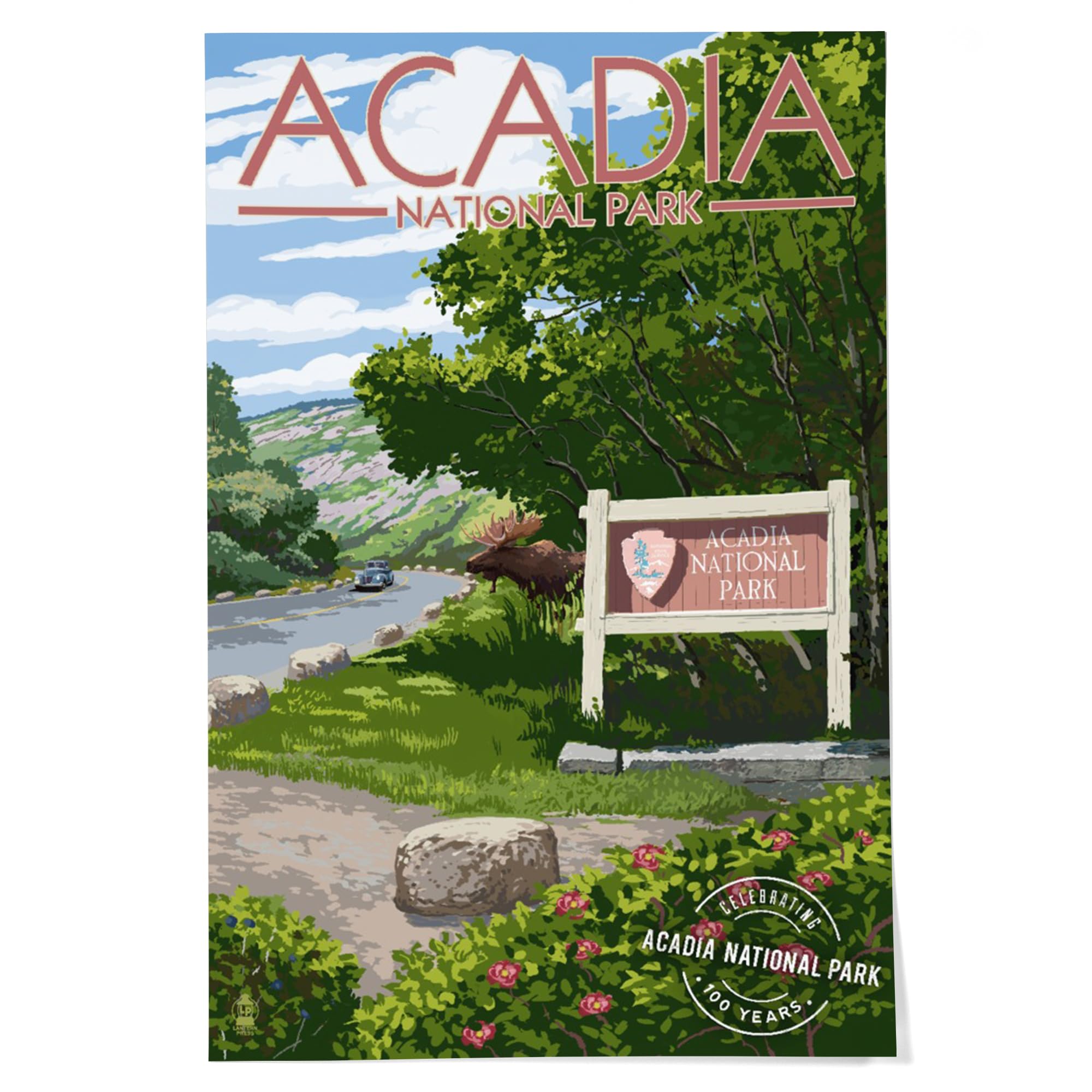 Lantern Press 24x36 Inch Giclee Art Print - Acadia National Park Wall Decor with Park Entrance Sign & Moose Design - Centennial Rubber Stamp Style - Perfect for Living Room, Bedroom or Office Decor