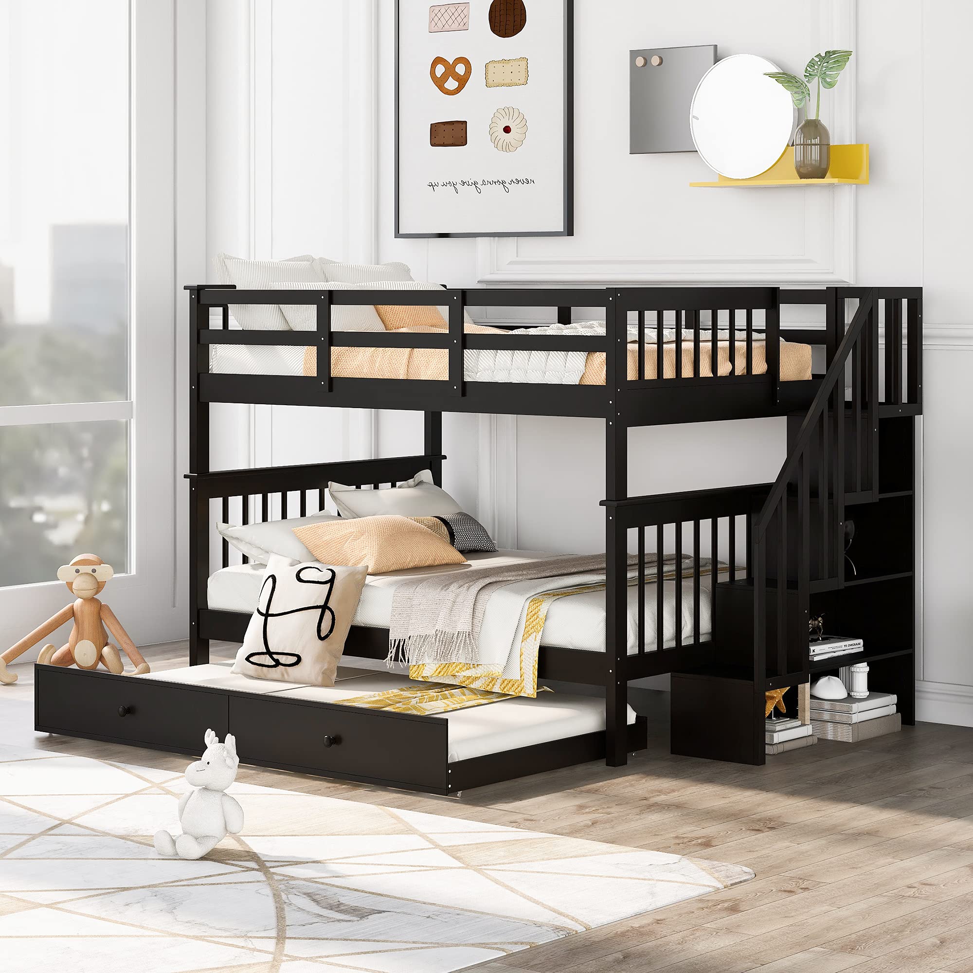 Merax Full Over Full Wood Bunk Bed with Twin Trundle & 4-Storage Staircase - Solid Wood Bunk Bed Frame with Guardrail, Convertible to 2 Separate Beds, Espresso Finish - Perfect for Kids' Bedroom, Guest Room & Space-Saving Solutions