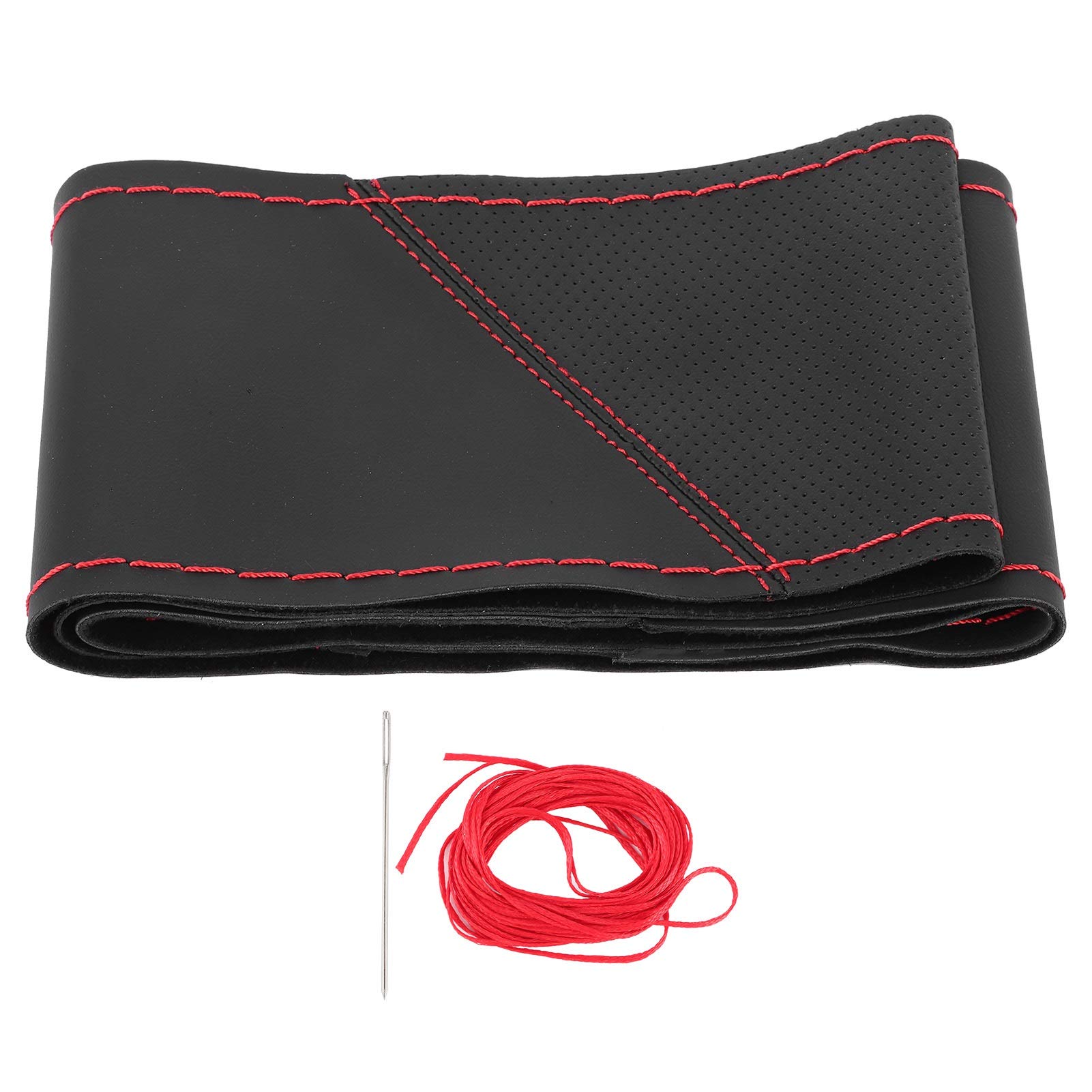 Qiilu Universal 15in Steering Wheel Cover - DIY Hand-Stitched Perforated Microfiber Leather (Red) for Cars & Trucks - Non-Slip Grip & Comfort Driving Accessory