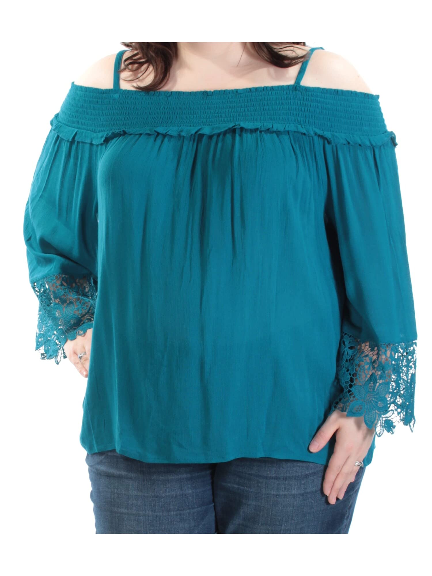 INC Women's Cold-Shoulder Crochet Pullover Top - Blue XXL | Boho Chic Summer Blouse for Casual Outings & Beach Vacations