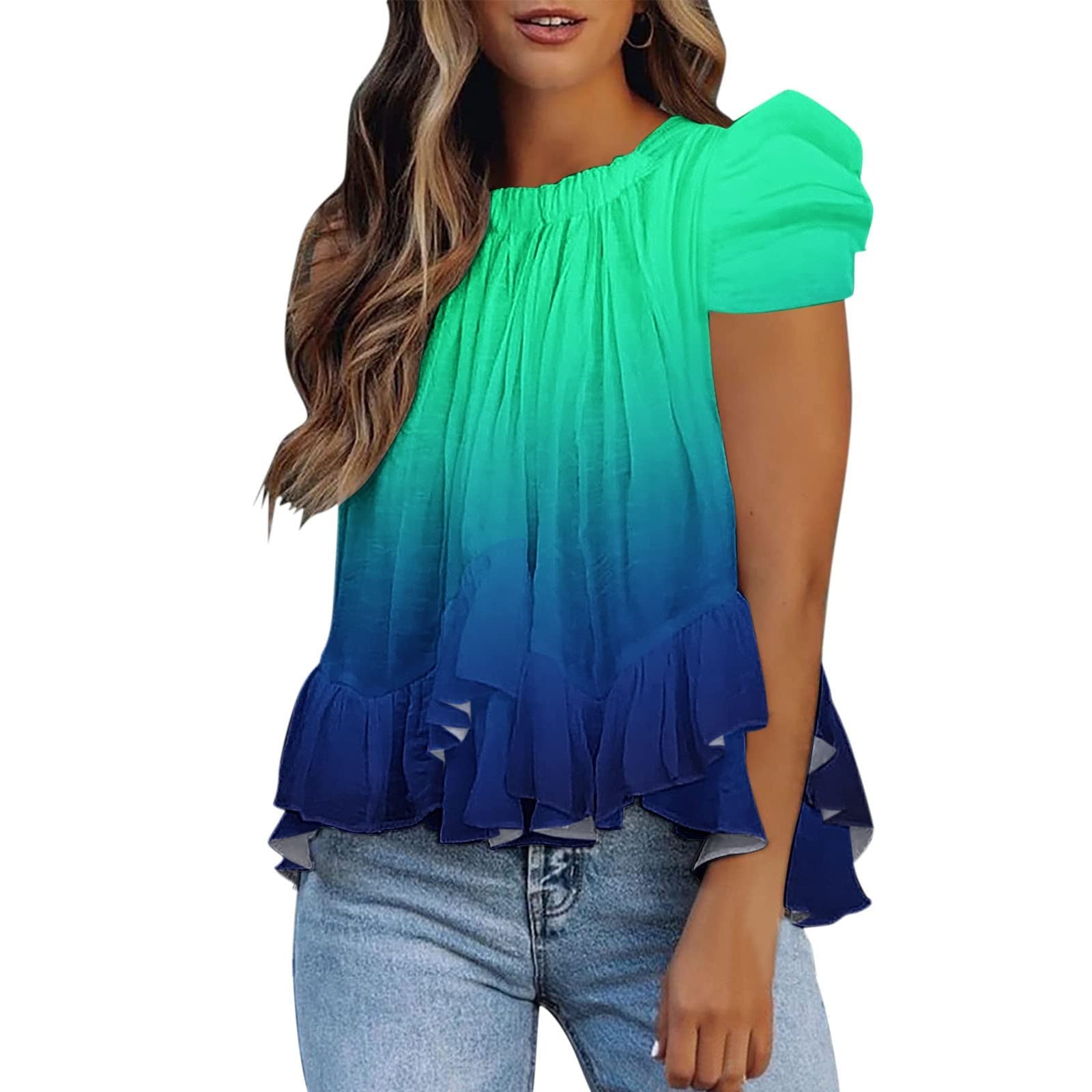 Elegant Women's Ruffled High Neck Blouse - Flowy Pleated Puff Short Sleeve Tunic Top for Summer | Office Wear, Date Night & Casual Outfits