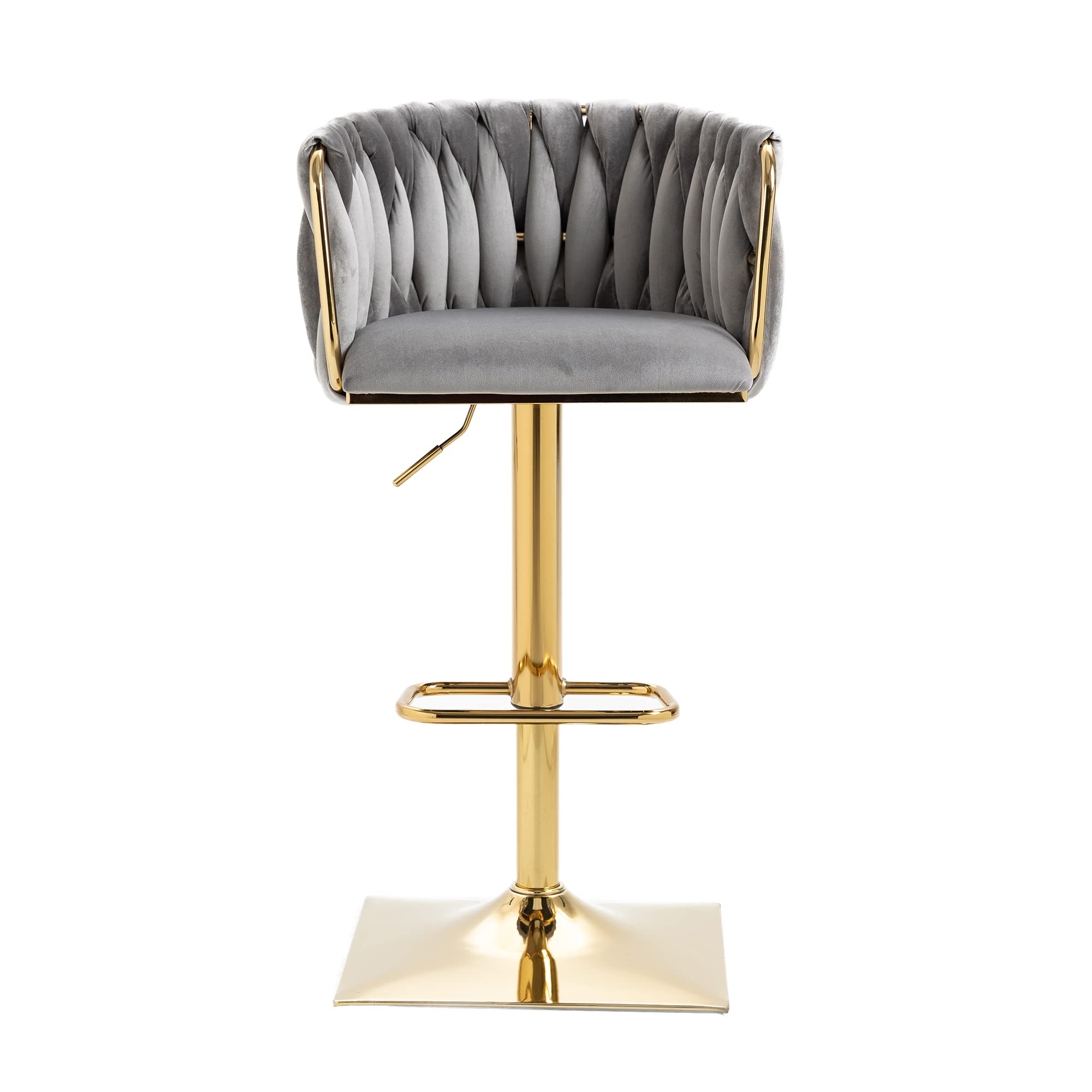 Modern Velvet Adjustable Bar Stool with 360° Swivel - Curved Mid Back Kitchen Island Stool with Gold Square Base - 1 Pack (Grey) - Perfect for Home Bars, Kitchen Islands & Dining Counter Seating