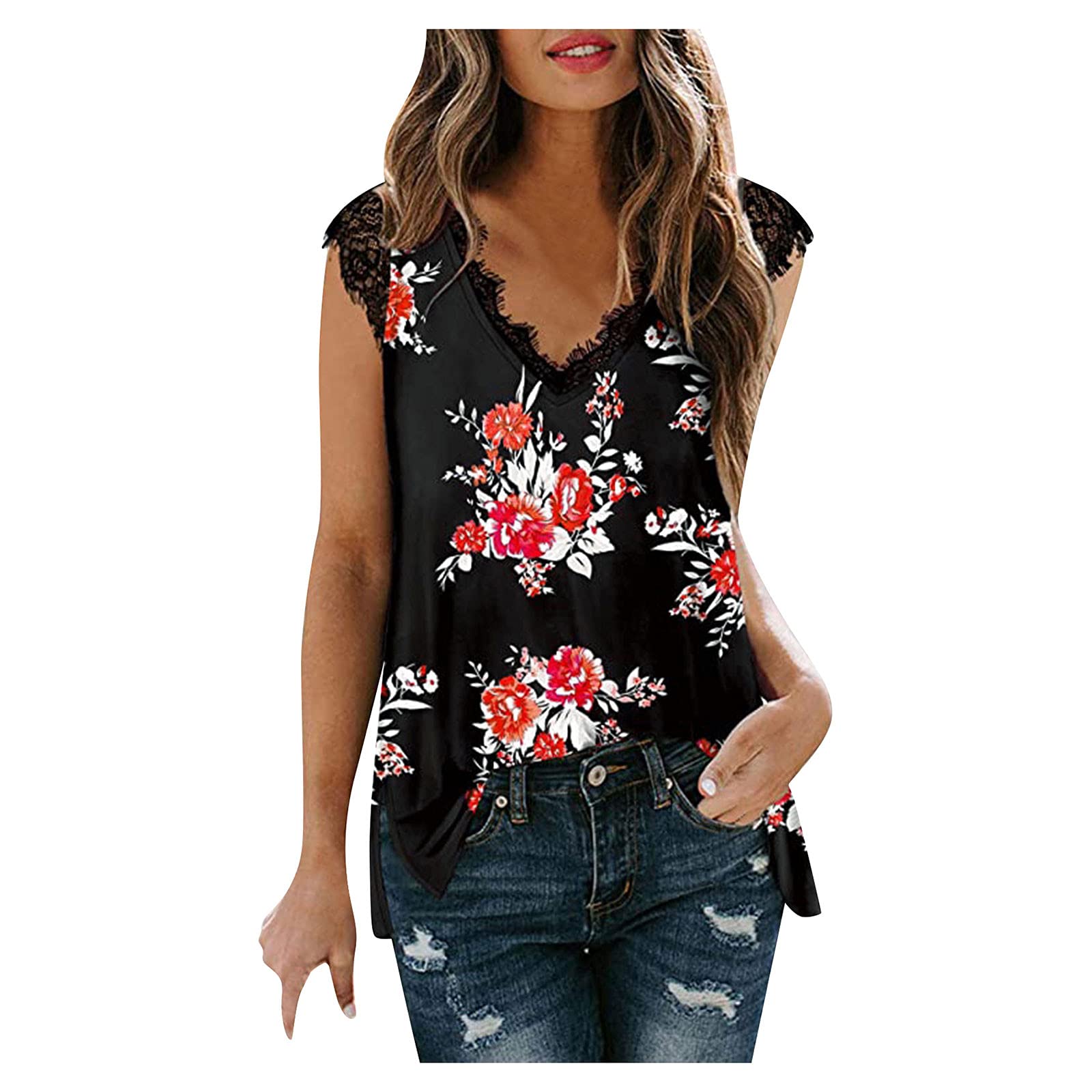 Women's V-Neck Lace Tank Tops - Summer Sleeveless Blouses & Camisoles - Loose Fit Tunic T-Shirts with Side Split | Casual Wear, Beach Outfits, Layering Essentials