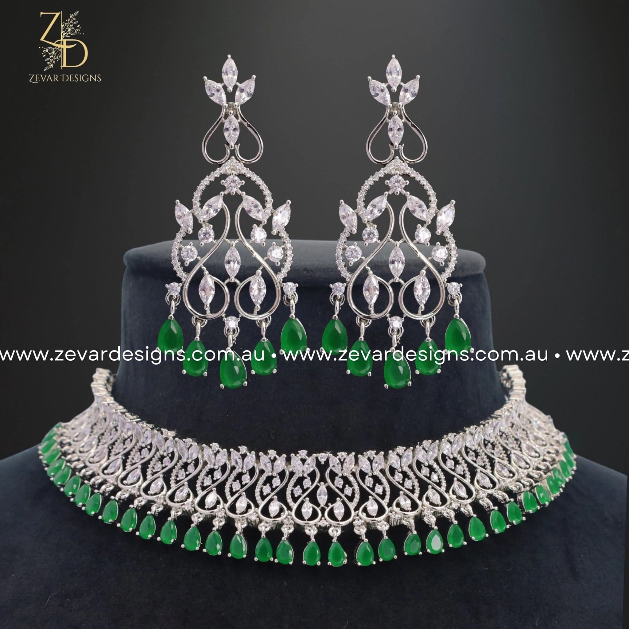 Zircon Choker Necklace Set in White Rhodium with Green Stones - Elegant Jewelry for Women, Perfect for Parties, Weddings & Special Occasions