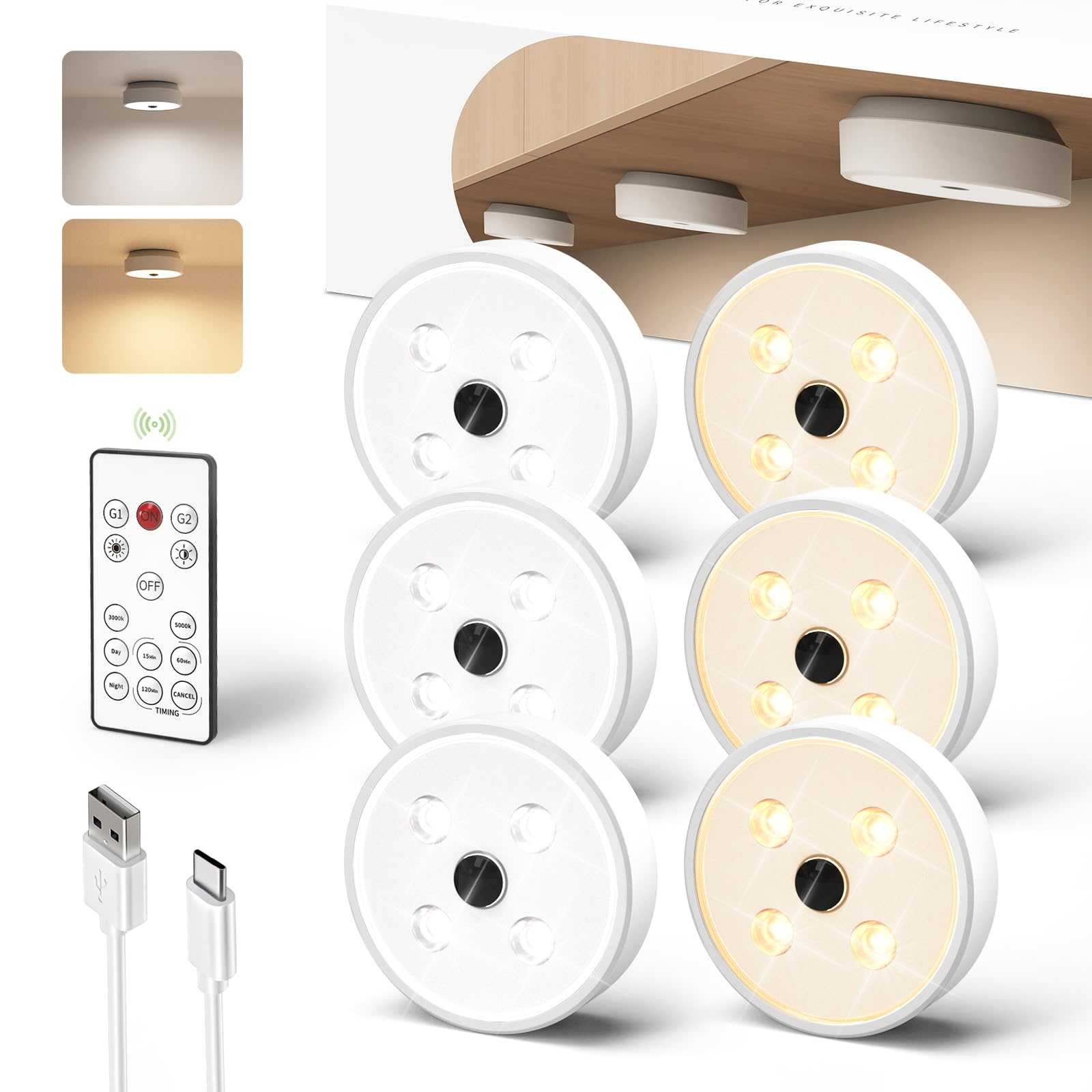 EZVALO 6-Pack Rechargeable Puck Lights with Remote - 1200mAh Motion Sensor LED Under Cabinet Lights, 2 Color Temperatures, Dimmable Group Control for Kitchen Counter, Closet & Bedroom Lighting | Perfect for Night Lights, Pantry Organization & Stairway Safety