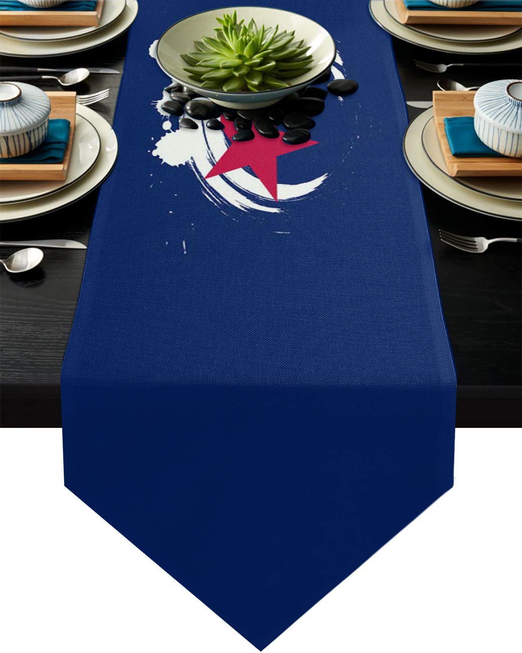 Premium Cotton Linen Table Runner - 13x70 Inch Patriotic Red Star Navy Blue - Perfect for July 4th Parties, Weddings, Farmhouse Dining & Outdoor Picnics - Durable Burlap Table Decor for Home & Events