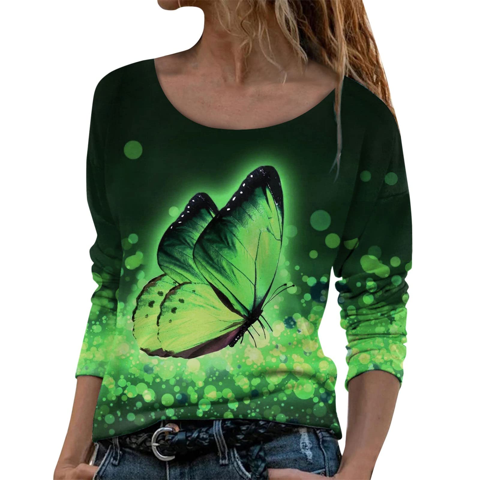 2022 Women's Fall Butterfly Print T-Shirt - Trendy Loose Fit Long Sleeve O-Neck Tunic Top for Casual Wear & Autumn Outfits