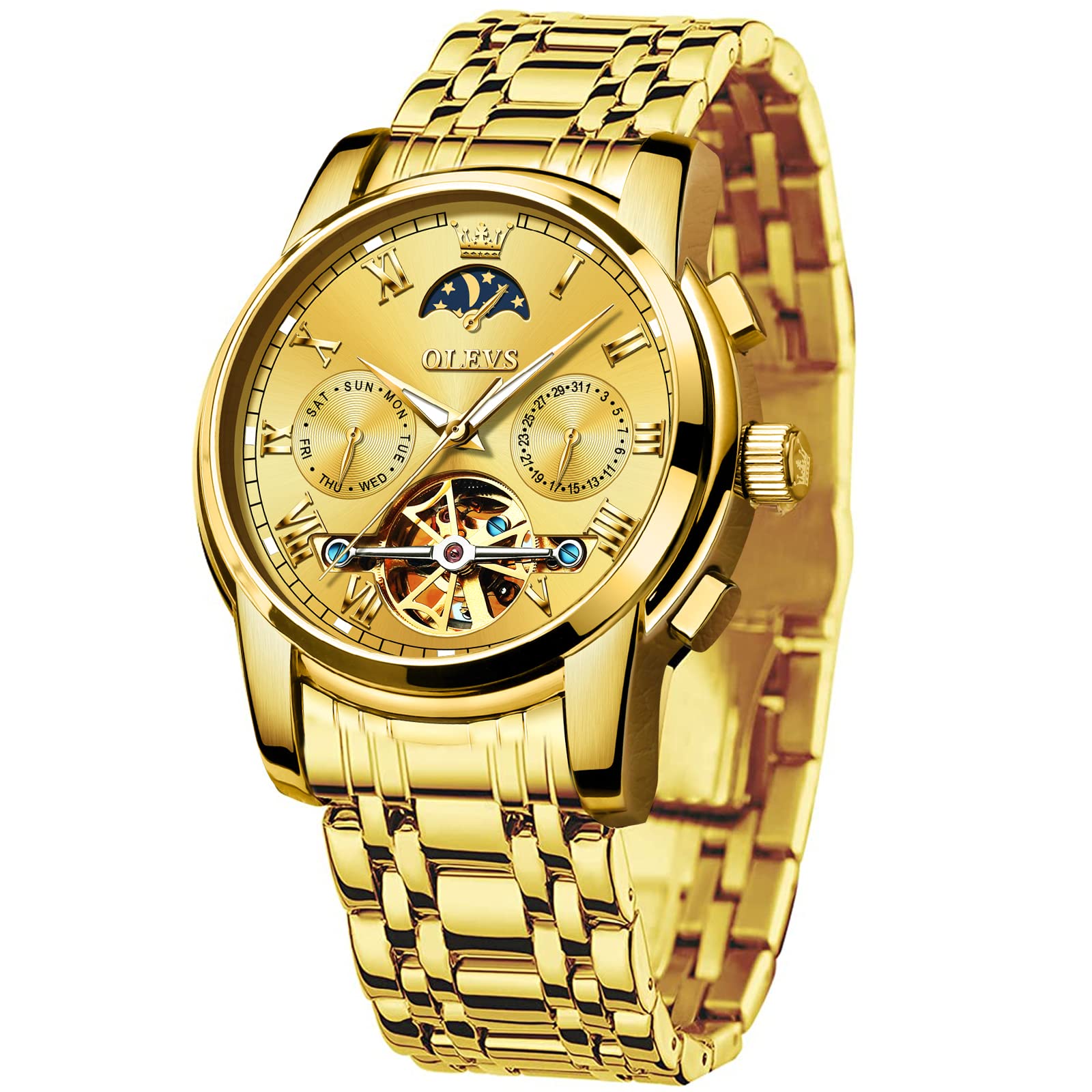 Automatic Men's Skeleton Tourbillon Watch with Moon Phase - Self-Winding Mechanical Wristwatch, Stainless Steel, Waterproof, Luminous Roman Numerals - Blue/Gold/Green/Black - Perfect for Business, Formal Events & Luxury Gift Giving