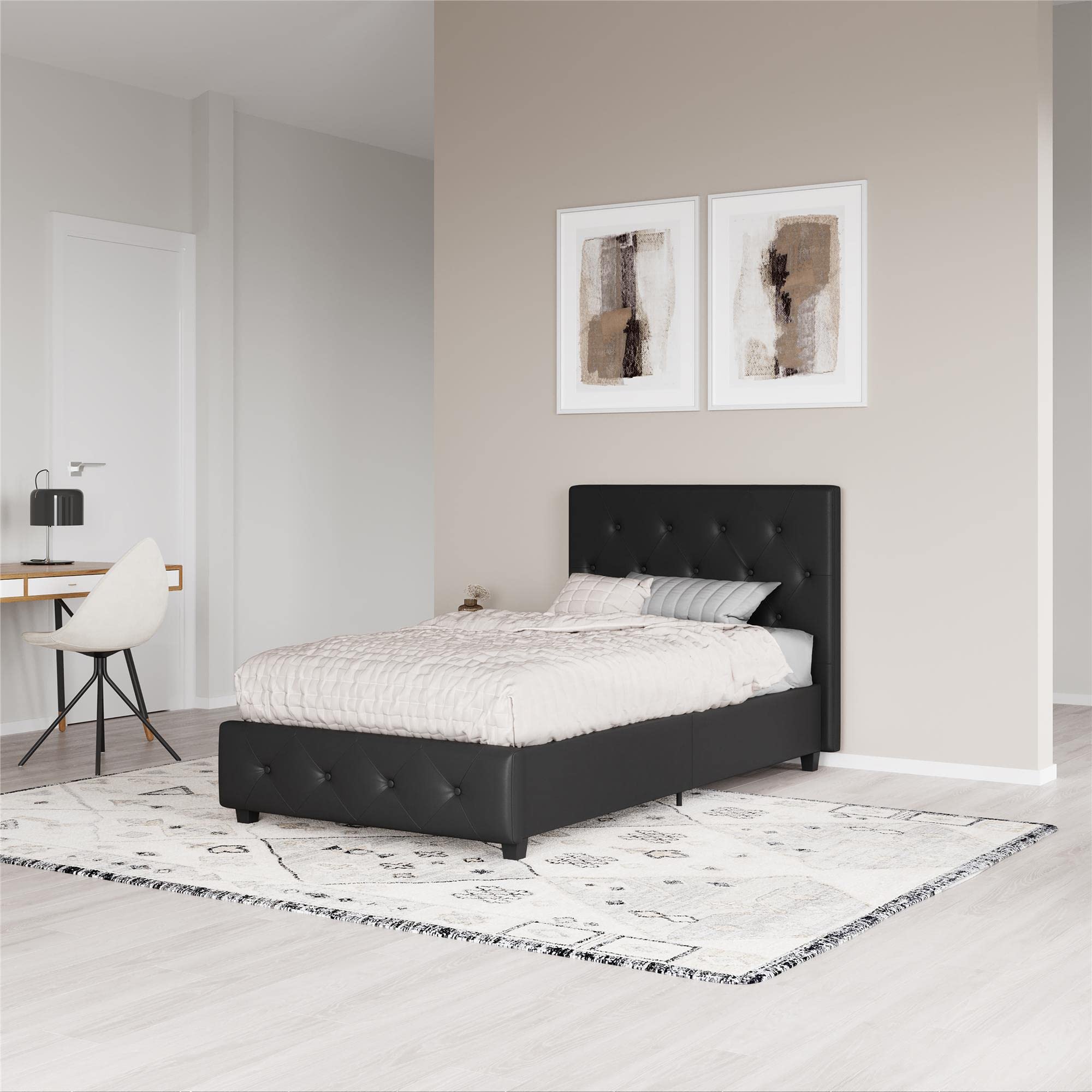 DHP Dakota Upholstered Platform Bed Frame with Diamond Button Tufted Headboard & Footboard, Twin Size Black Faux Leather Bed - No Box Spring Needed, Sturdy Metal Slat Support | Perfect for Modern Bedrooms, Guest Rooms & Small Spaces