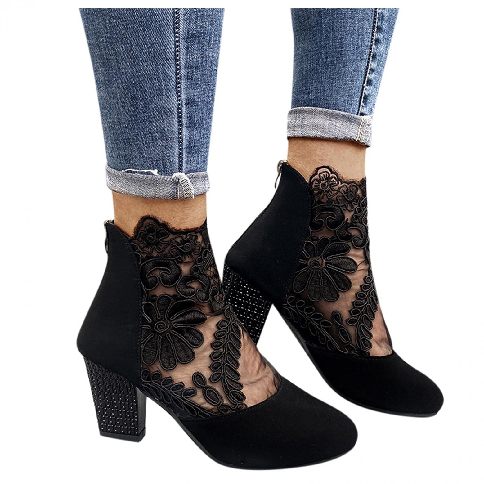 FABIURT Women's Casual Sandals & High Heel Platform Boots - Retro Ankle Boots with Square Toe & Breathable Zip Design for Ladies | Perfect for Office, Dating & Night Out
