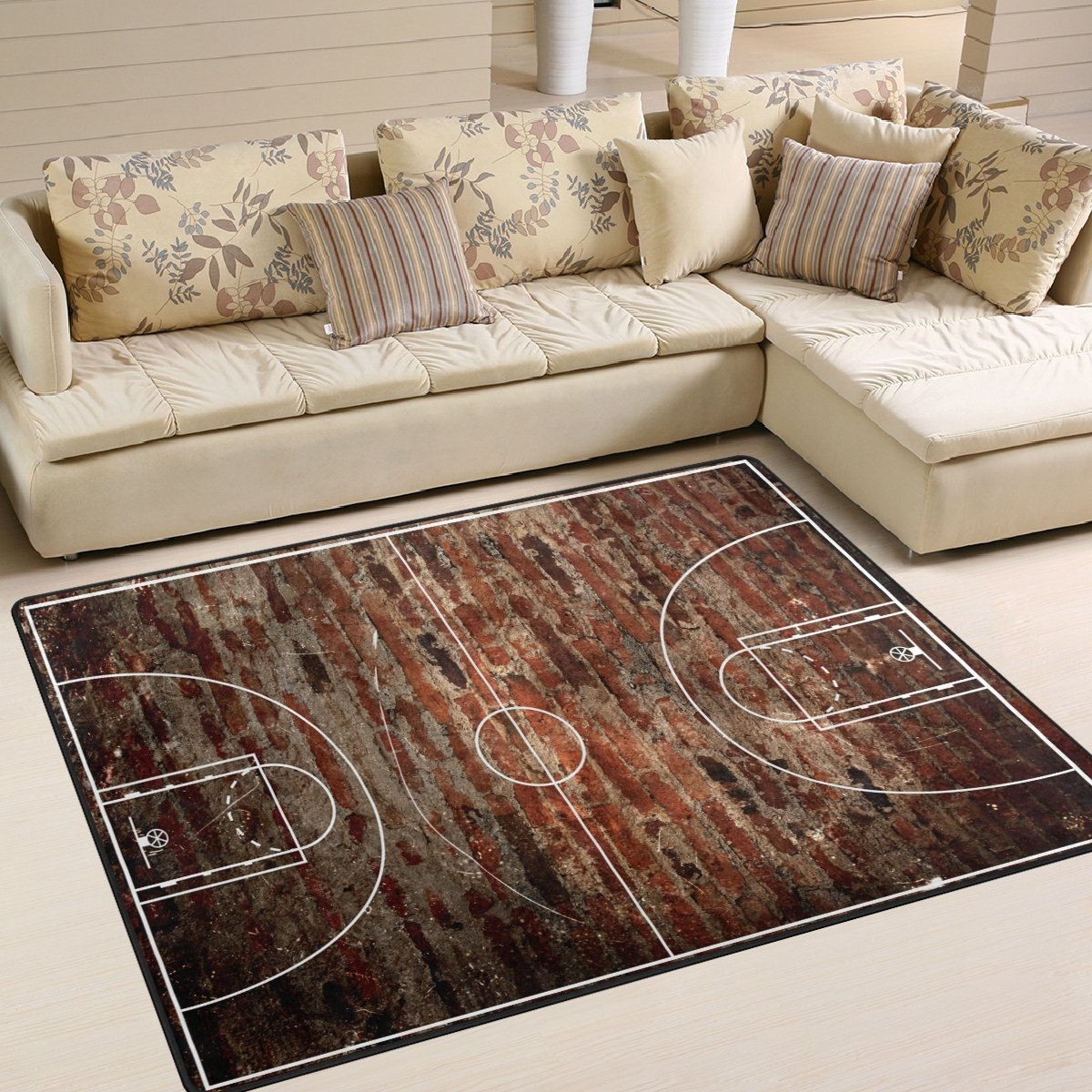 ALAZA 7' x 5' Basketball Court Design Grungy Brick Area Rug - Non-Slip Indoor Outdoor Rug for Living Room, Bedroom, Game Room | Perfect for Sports Fans & Home Decor
