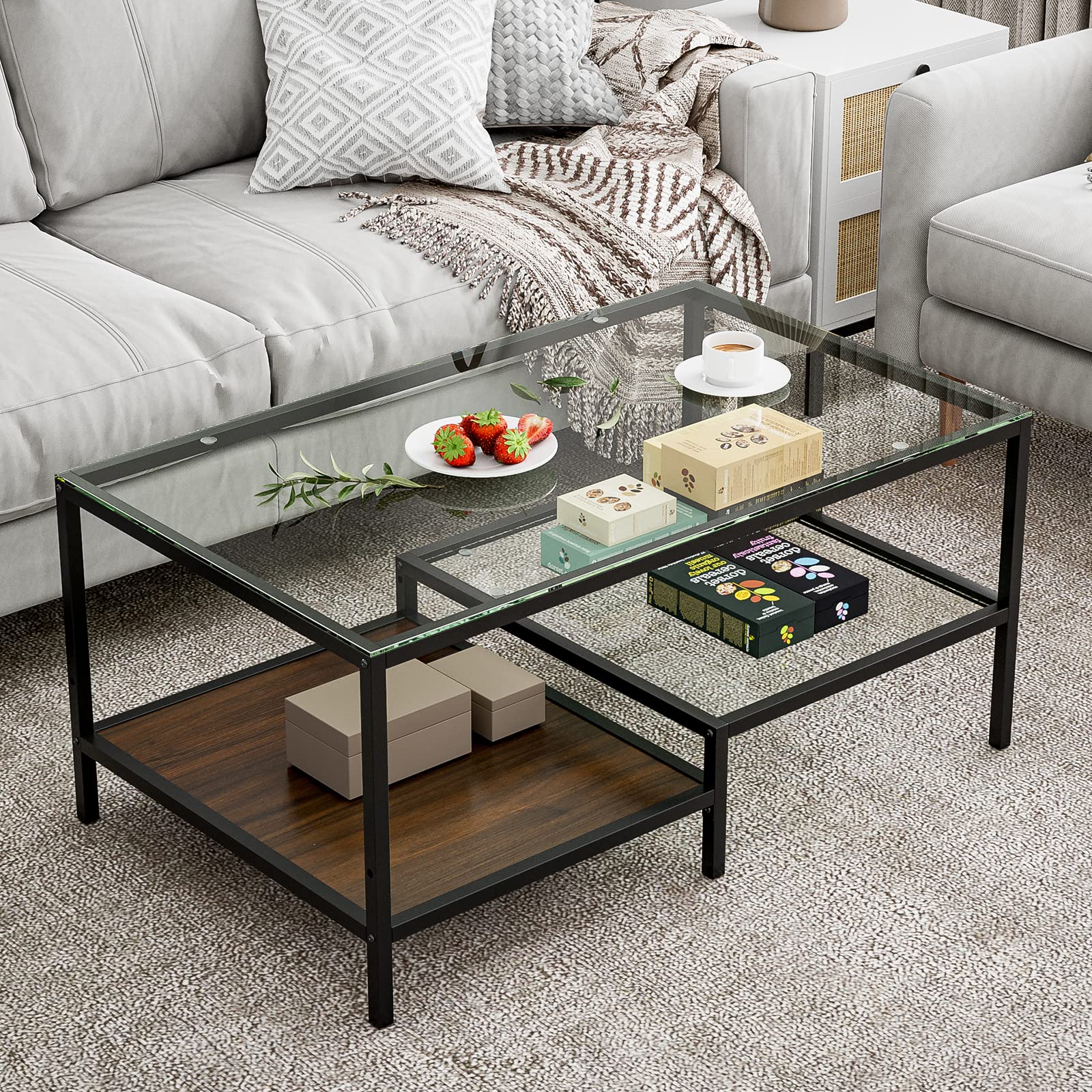 IKIFLY Modern Rectangular Glass Coffee Table with Sturdy Metal Frame - 2-Tier Adjustable Storage Shelves - Stylish Cocktail Table for Living Room, Lounge & Office - Perfect for Entertaining Guests & Home Decor
