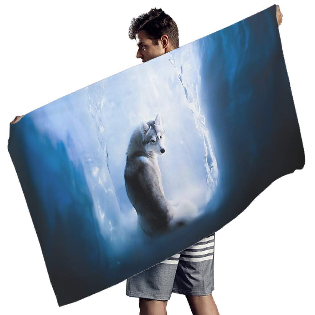 Premium Oversized Siberian Husky Beach Towel - 59x30 Inch Quick Dry Swimming Pool Towel for Adults & Kids - No Shrinkage, Soft & Absorbent - Perfect for Beach, Pool, Gym & Outdoor Activities (White)