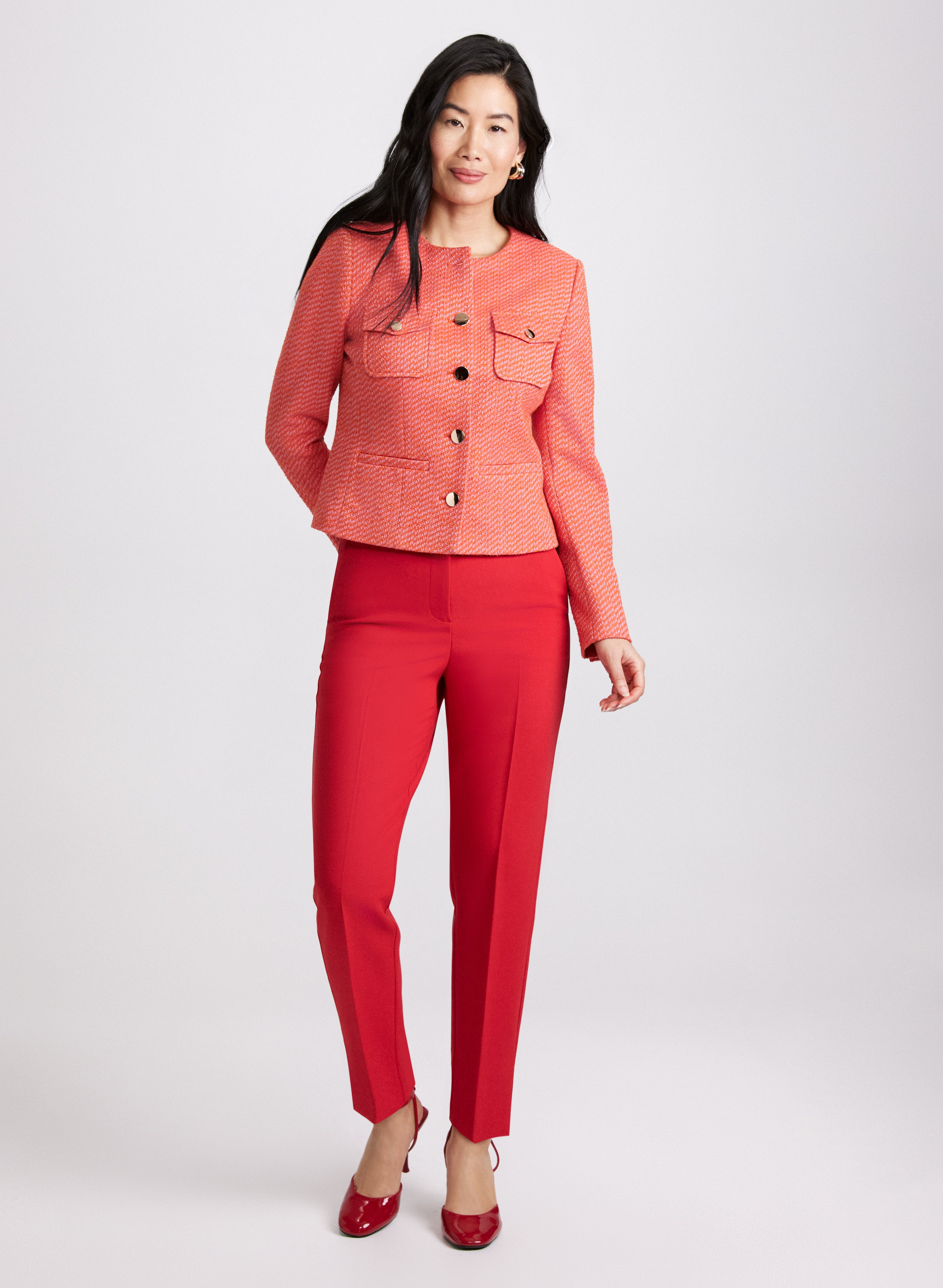 Bouclé Button Down Jacket & Emma Slim Leg Ankle Pants Set - Women's Trendy Office Wear & Casual Outfit for Work, Date Night and Fall Fashion