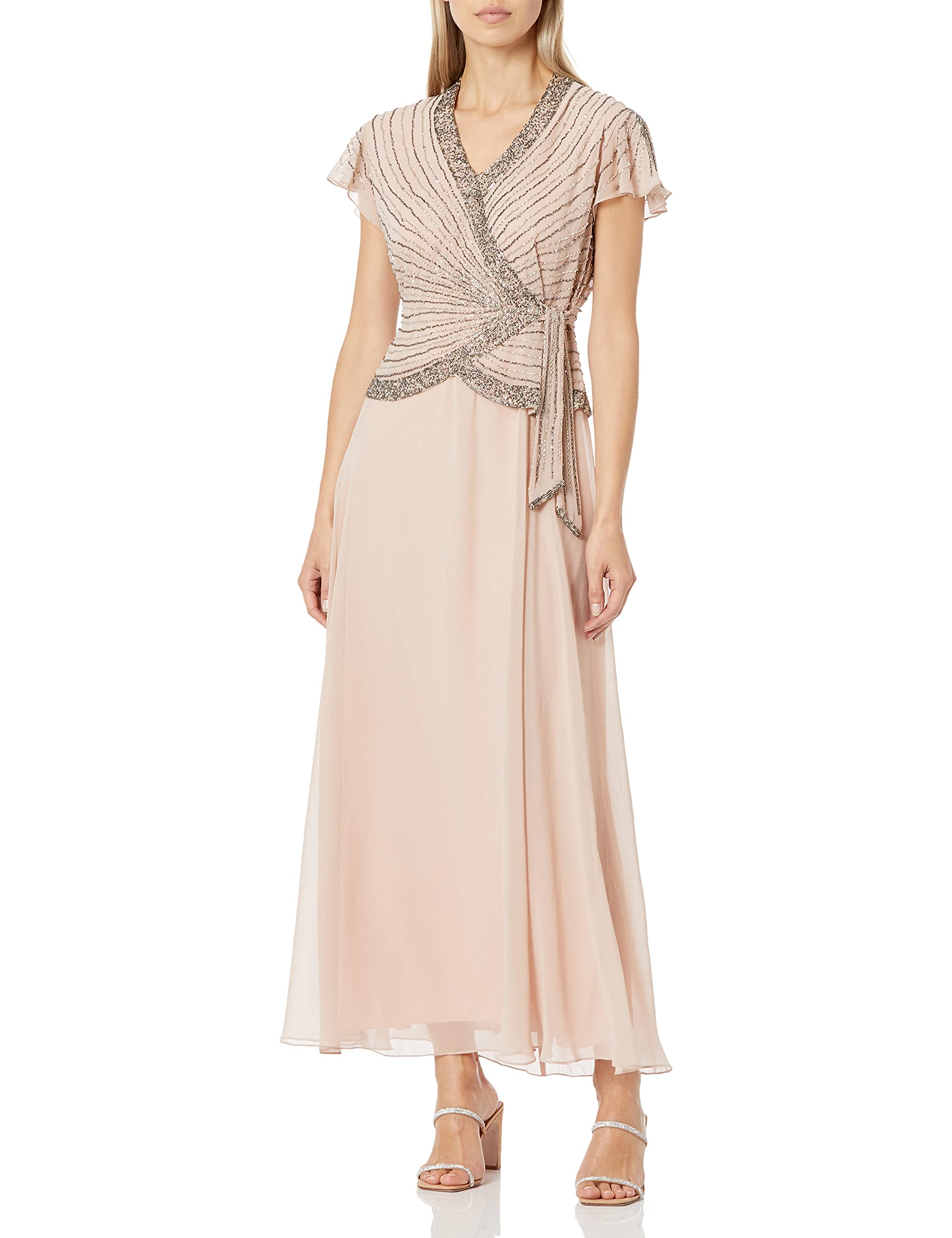 J Kara Women's Petite Short Sleeve V Neck Faux Wrap Long Summer Dress - Flattering Casual & Party Wear for Petite Women