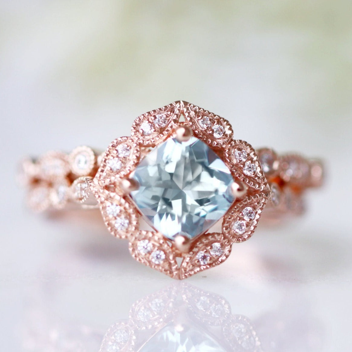 Luxury Aquamarine Engagement Ring for Women - 10K/14K/18K Solid Rose Gold Wedding Band, Promise Ring, Anniversary Gift - Perfect for Proposals, Bridal Jewelry & Special Occasions