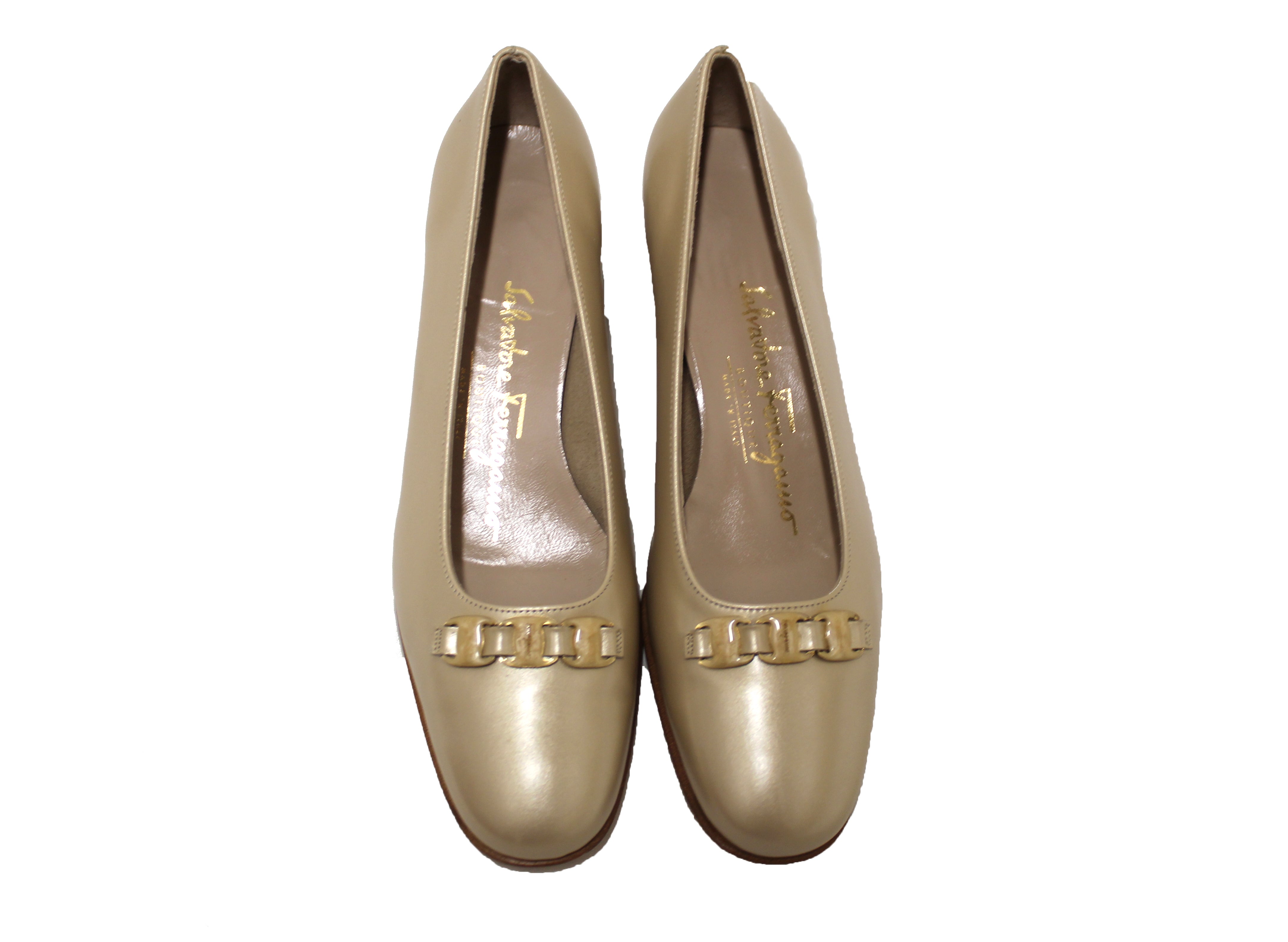 Authentic Salvatore Ferragamo Beige Leather Pumps Women's Size 5.5B - Classic Pointed Toe Heels for Office, Wedding & Formal Events