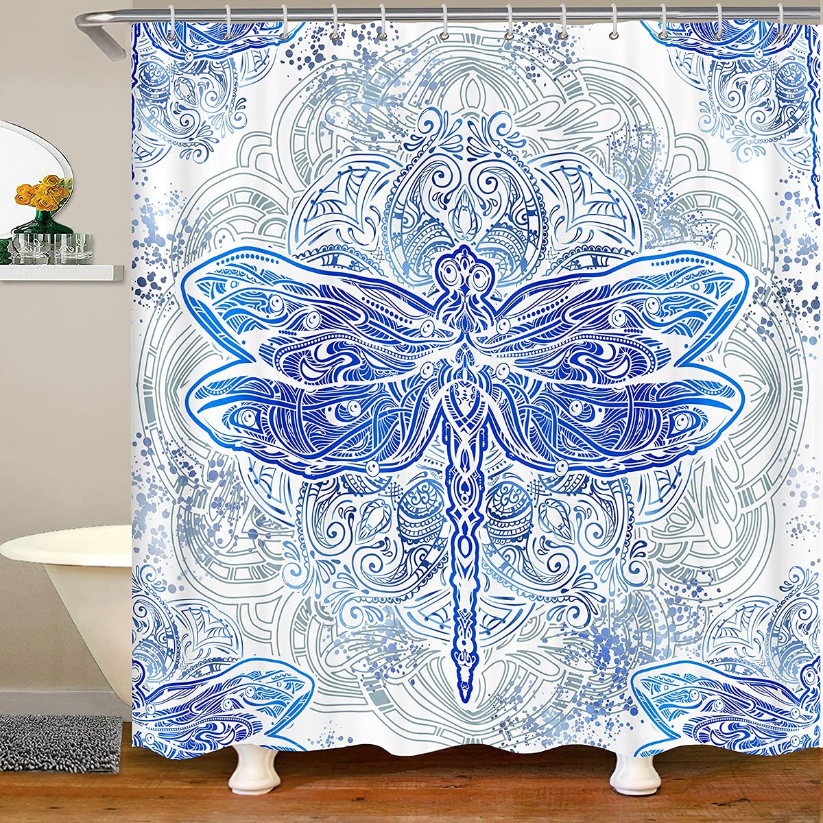 Feelyou Dragonfly Boho Paisley Waterproof Shower Curtain Set - 72x78 Inch Exotic Floral Bathroom Decor with Hooks, Perfect for Kids' Bathroom, Spa Retreat or Tropical Themed Home Decor
