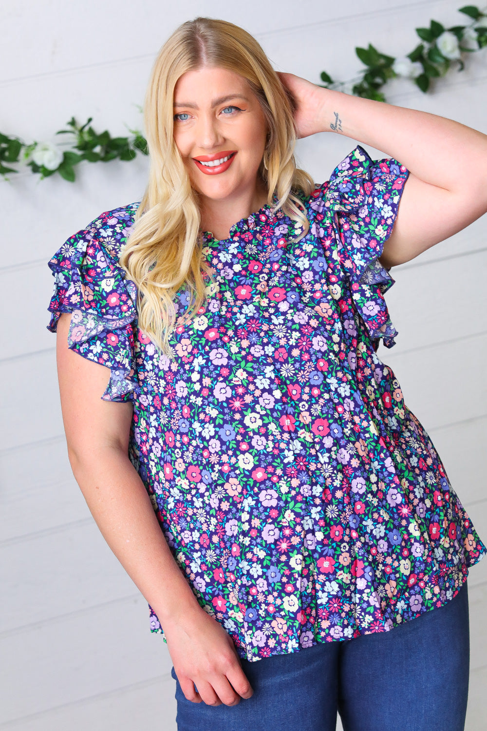 Navy Floral Print Mock Neck Flutter Sleeve Blouse for Women | Elegant Summer Tops for Office, Date Night & Casual Outings