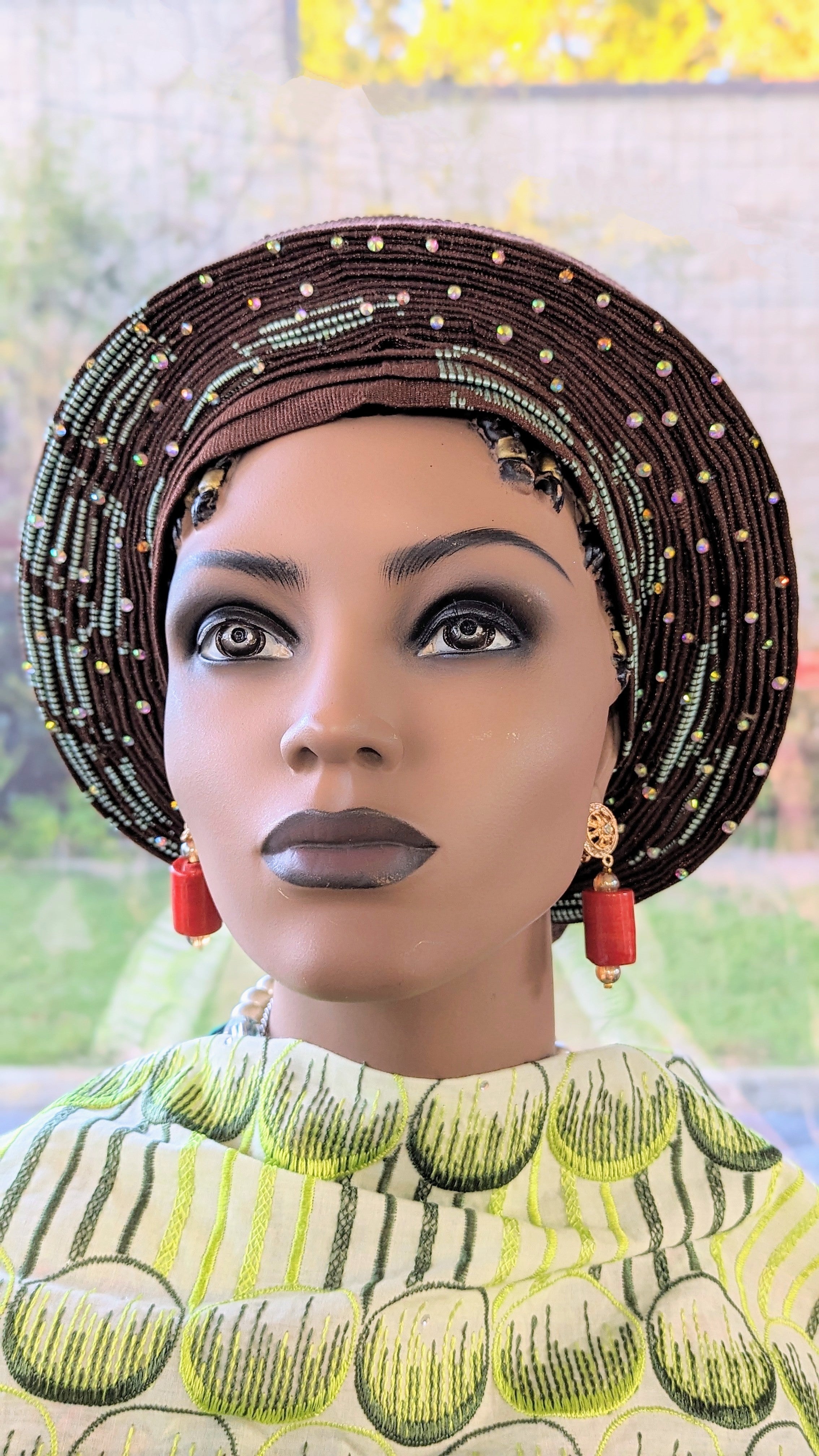 Chocolate Brown Olamideh Pre-Tied Aso Oke Head Wrap with Mint Green Patterns - Elegant African Head Tie for Weddings, Church & Special Occasions | DPACBMG11
