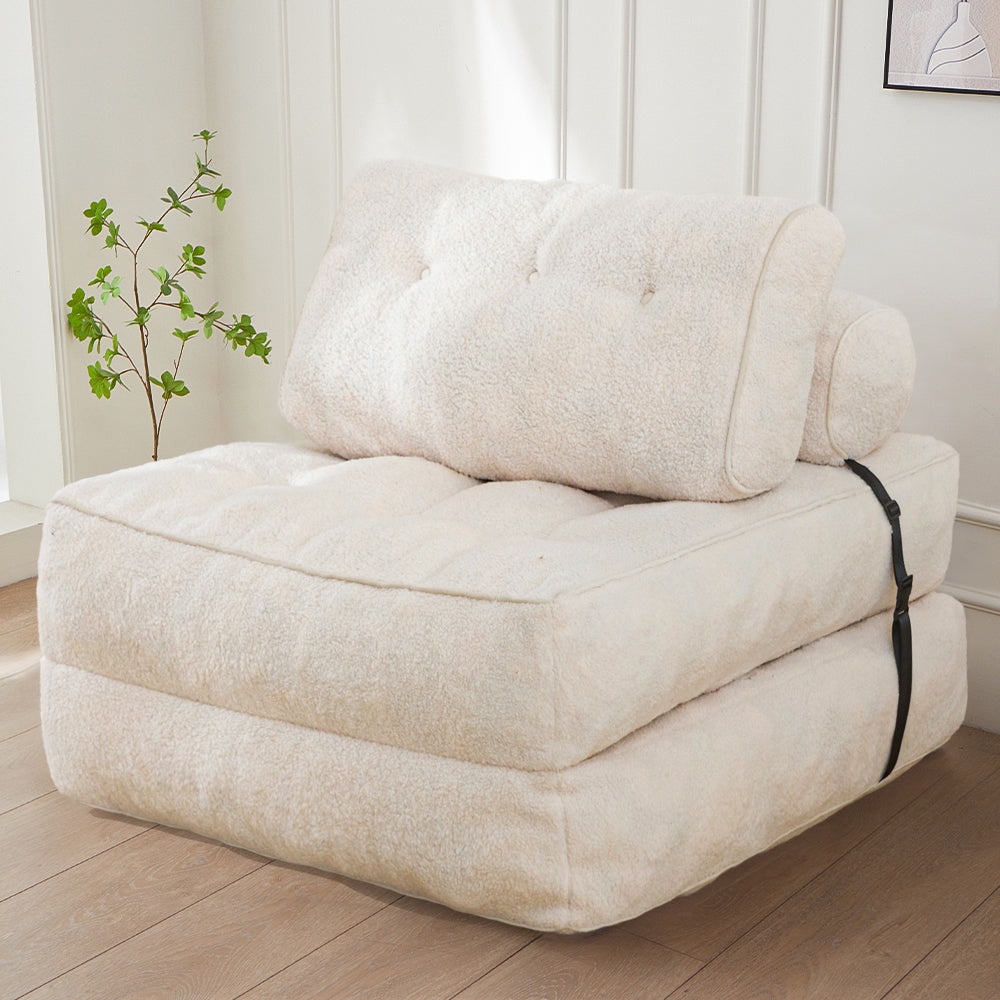 MAXYOYO Fuzzy Sofa Bed - Convertible Sleeper Chair with Pillow in Beige | Comfortable Foldable Futon for Small Spaces, Guest Room & Apartment Living