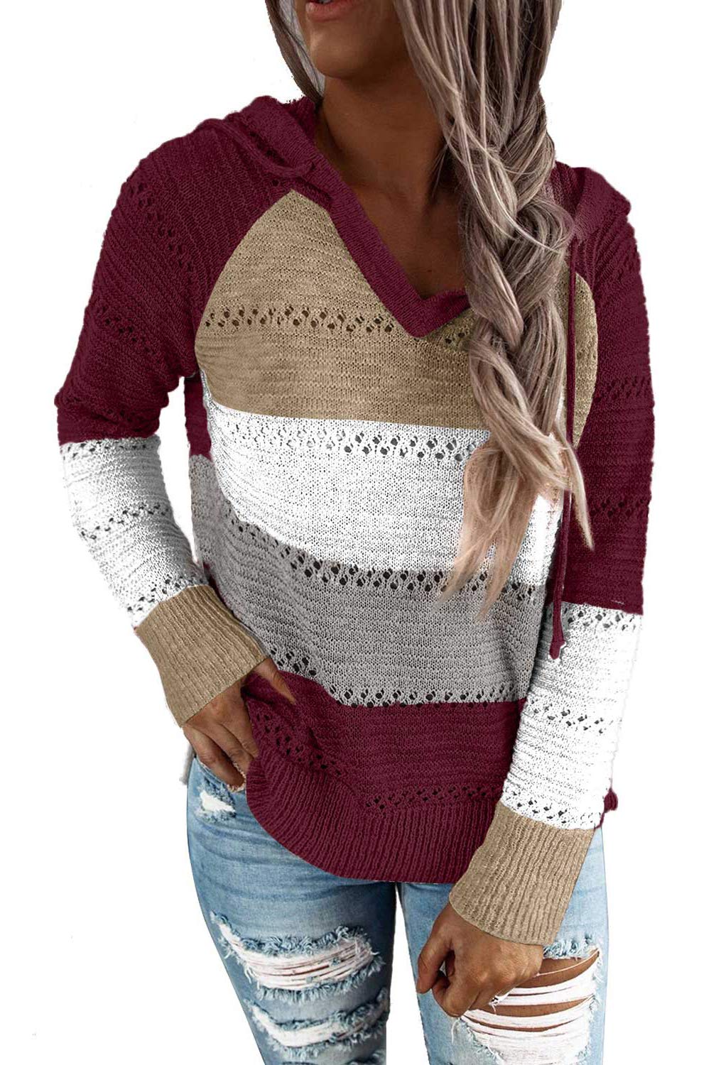 FEKOAFE Women's Striped Color Block Hoodie - 2025 Fall Fashion V-Neck Knit Sweater Pullover for Casual Wear & Outdoor Activities