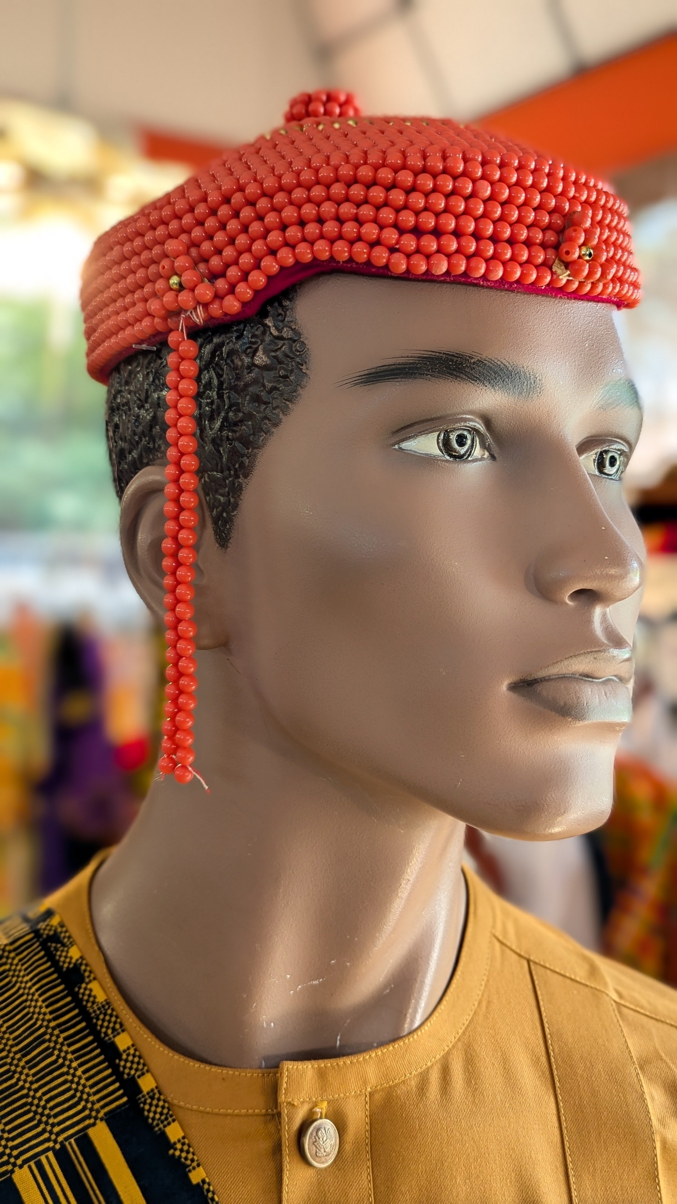 Handmade African Edo Igbo Beaded Crown Hat with Gold Trim - Majestic Orange Tribal Headpiece for Cultural Events, Weddings & Festivals | DPBHOG11
