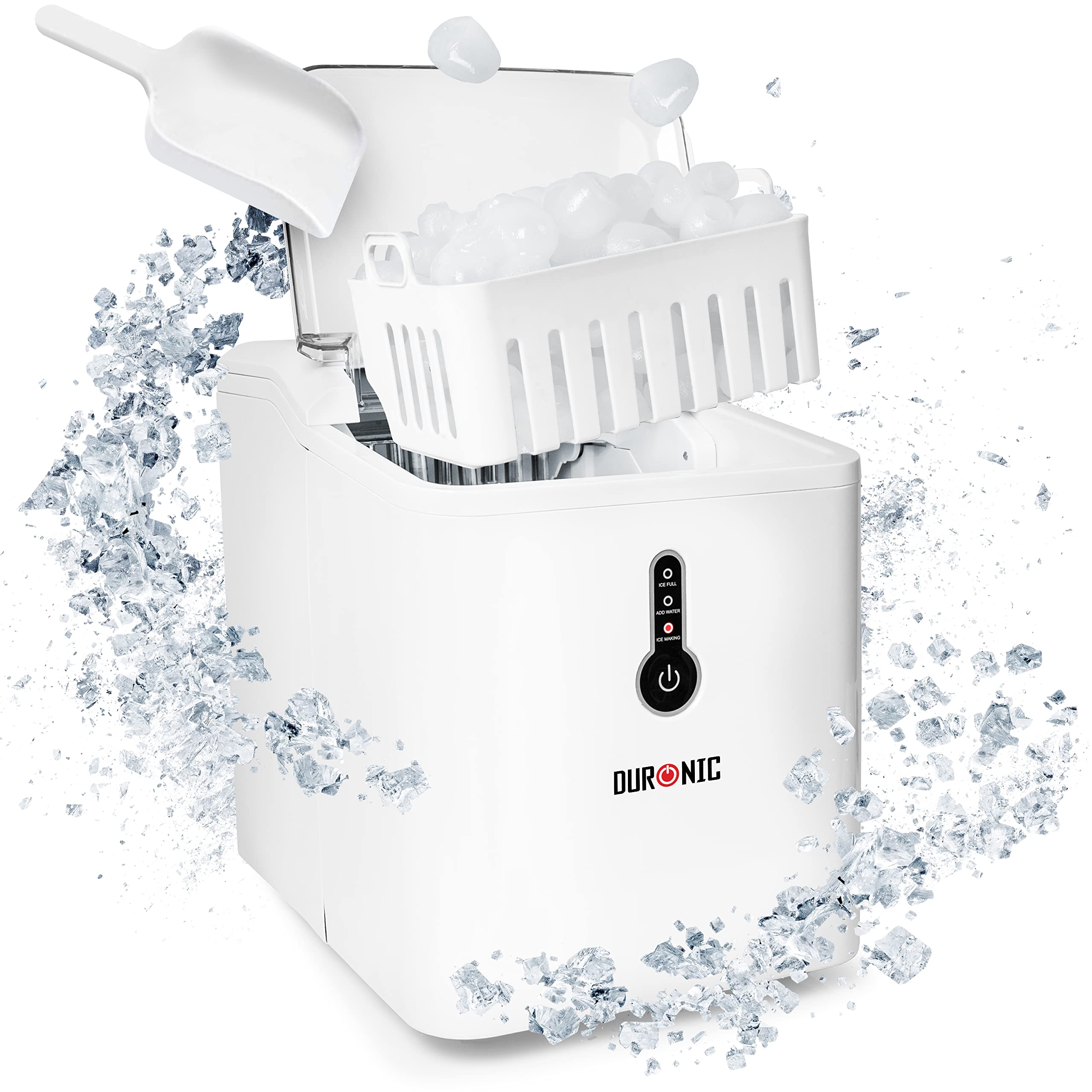 Duronic ICM120 Portable Ice Maker Machine - Fast 7-Minute Ice Cube Production, 12KG/24H Self-Cleaning, Includes Ice Scoop & Basket - Perfect for Home, Office, Bar, RV, BBQ Parties & Outdoor Gatherings - White