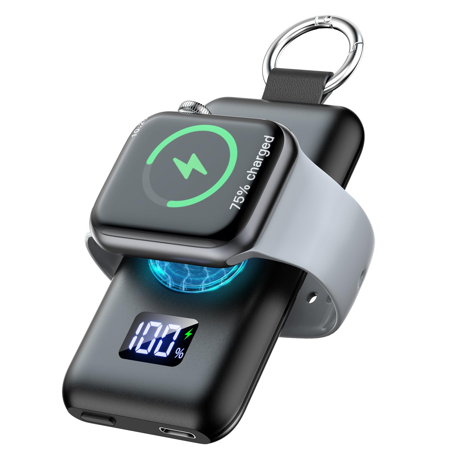 Portable Magnetic Wireless Charger for Apple Watch - 1500mAh Power Bank with LED Display | Travel Keychain Charger Compatible with Apple Watch Series 10/9/8/Ultra/7/6/5/4/3/2/SE (Black) | Perfect for Travel, Gym & Daily Charging On-The-Go