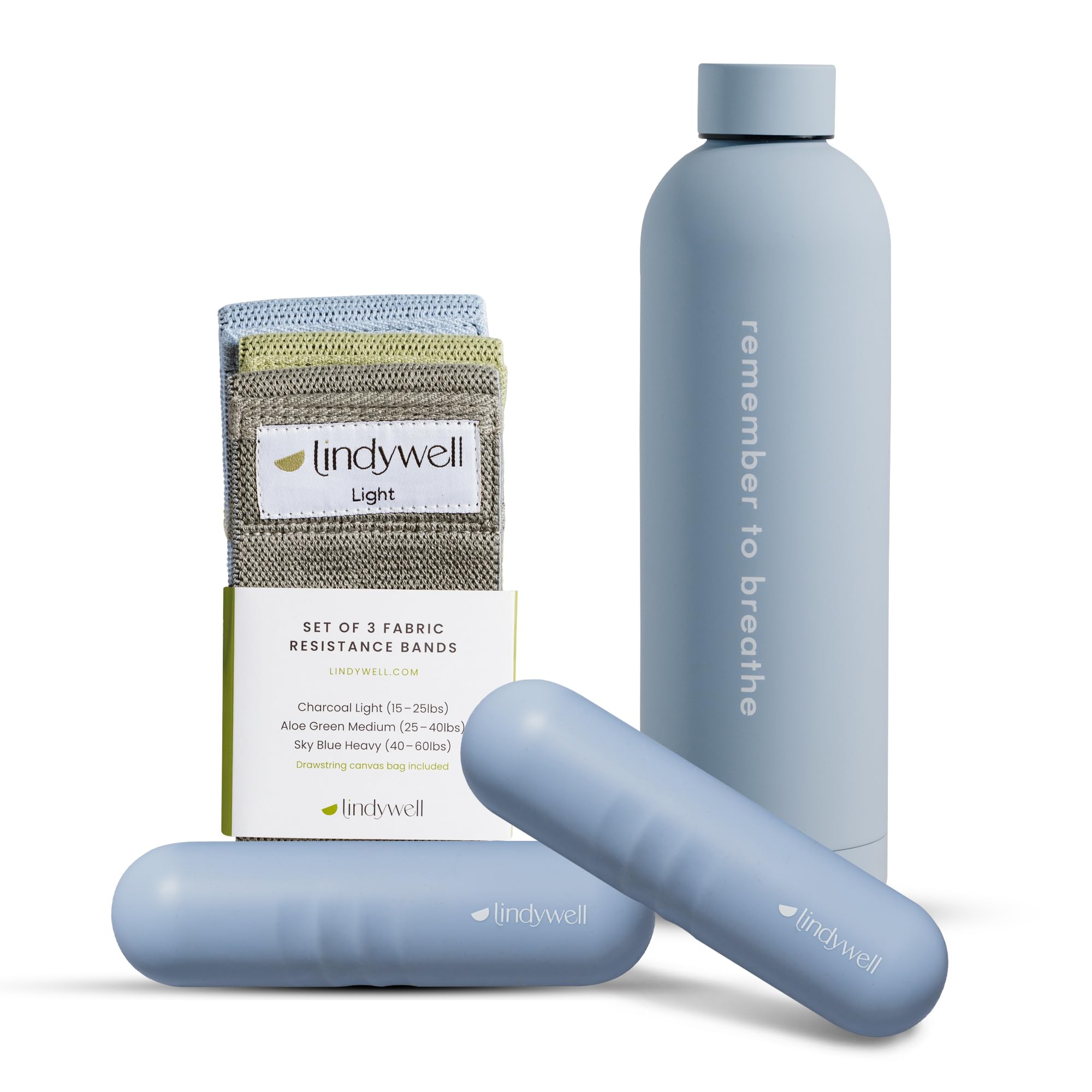 Premium Lindywell Home Pilates Kit - 3-Color Fabric Resistance Bands, Insulated Stainless Steel Water Bottle & 2LB Hand Weights - Complete Workout Set for Women & Men - Perfect for Home Gym, Yoga, Pilates & Fitness Training