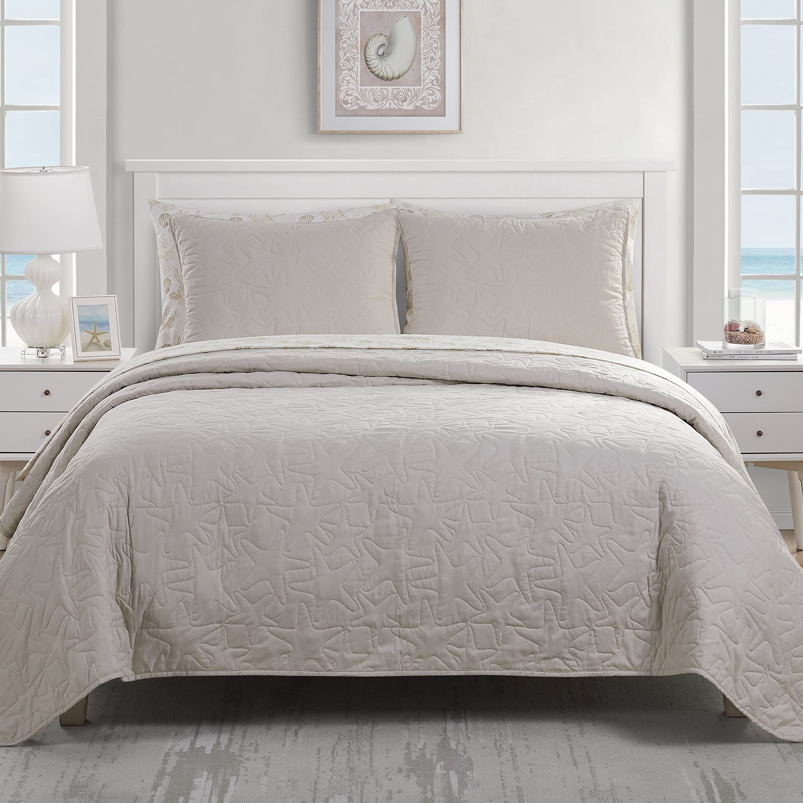 Seaside Collection Sea Stars Sand Bed-in-a-Bag Quilt Set - Coastal Themed Bedding for Beach House & Summer Decor - Perfect for Guest Rooms, Vacation Homes & Nautical Bedroom Themes